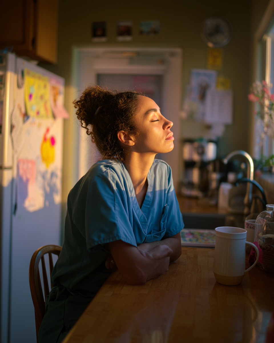 A young woman in blue scrubs sits at a kitchen table, gazing thoughtfully out of a window with warm sunlight illuminating her face. The kitchen features a fridge covered in colorful notes and a coffee maker in the background, creating a cozy atmosphere.