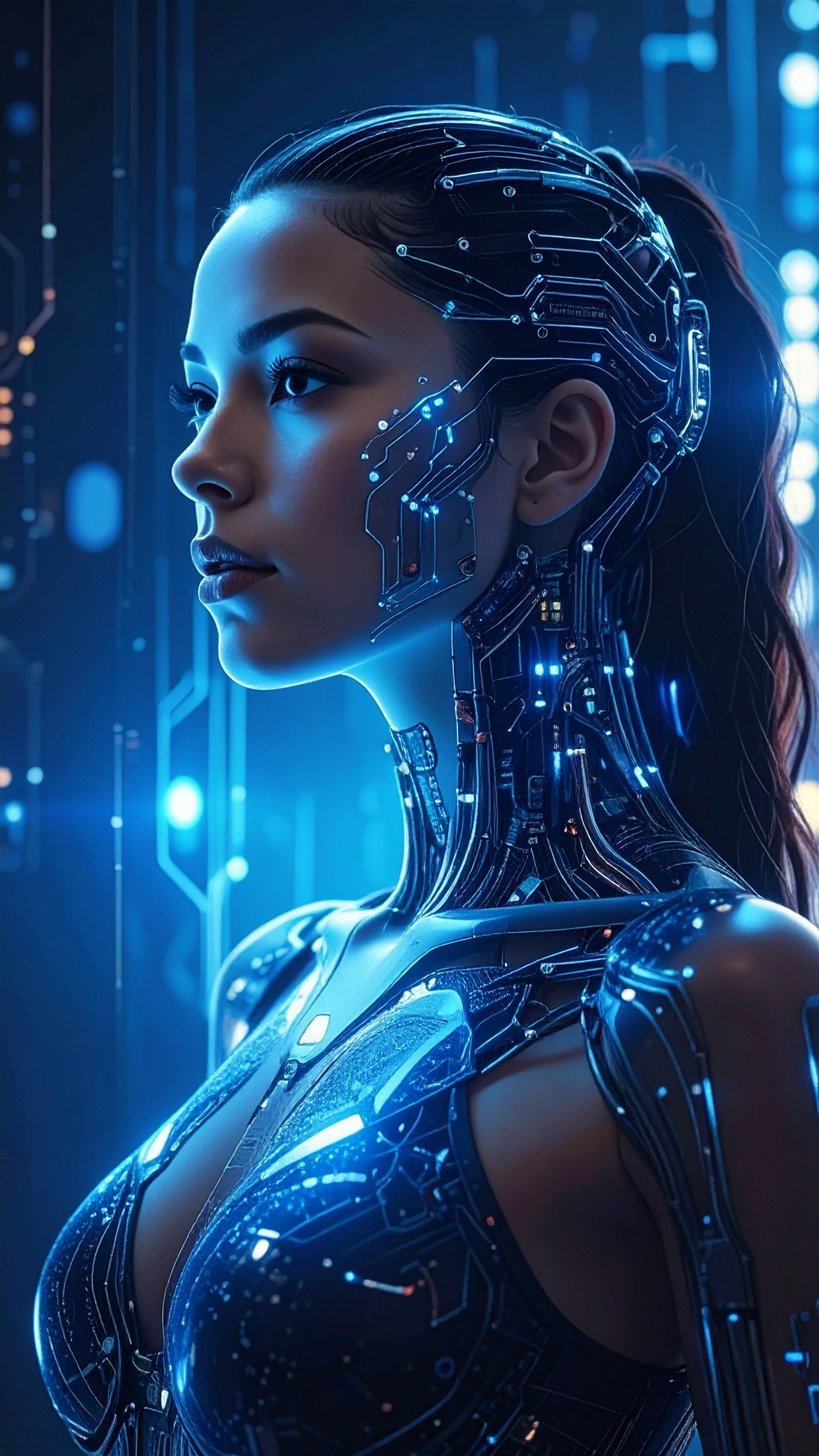 Imagem futurista de um androide feminino com pele metálica e circuitos iluminados em azul, destacando um design sofisticado e tecnológico. O fundo apresenta elementos digitais que reforçam a atmosfera futurista. A iluminação realça os detalhes do rosto e do pescoço, enquanto o foco nítido cria um efeito de imersão visual.