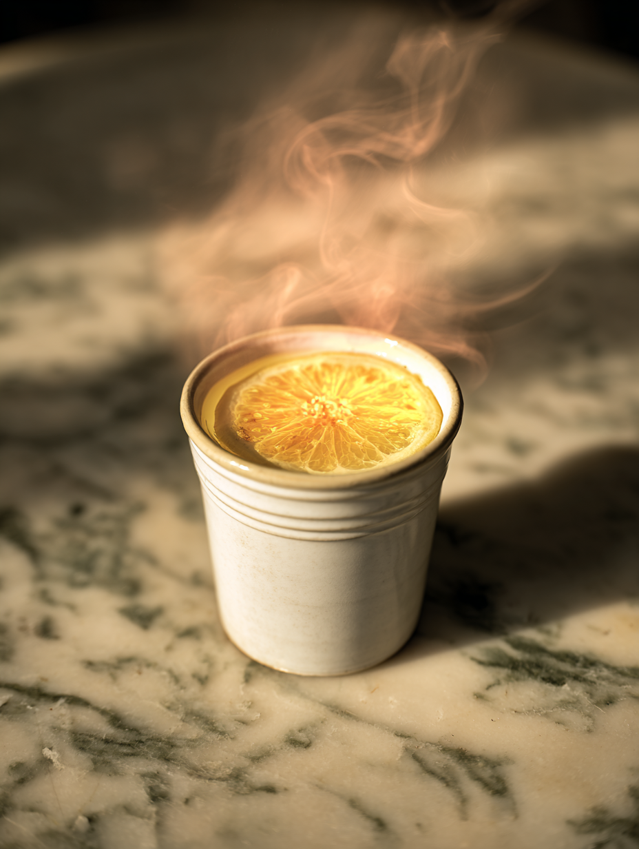 Uma bebida quente com uma fatia de laranja flutuando em um copo de cerâmica sobre uma mesa de mármore, com vapor suave criando uma atmosfera acolhedora e calmante.