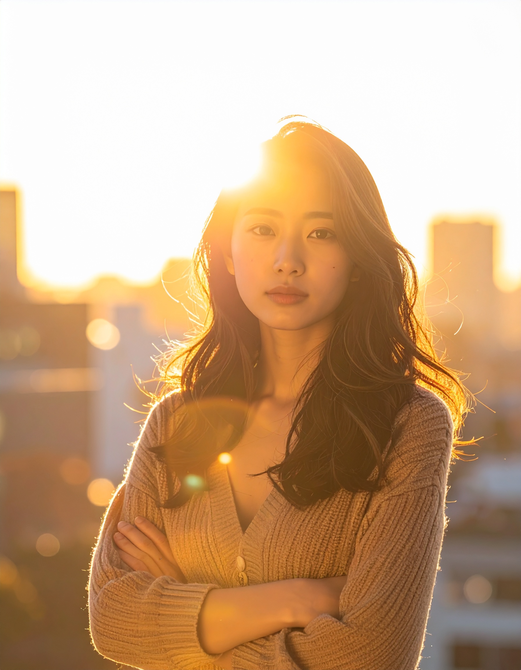 A woman stands confidently against a glowing sunset backdrop
