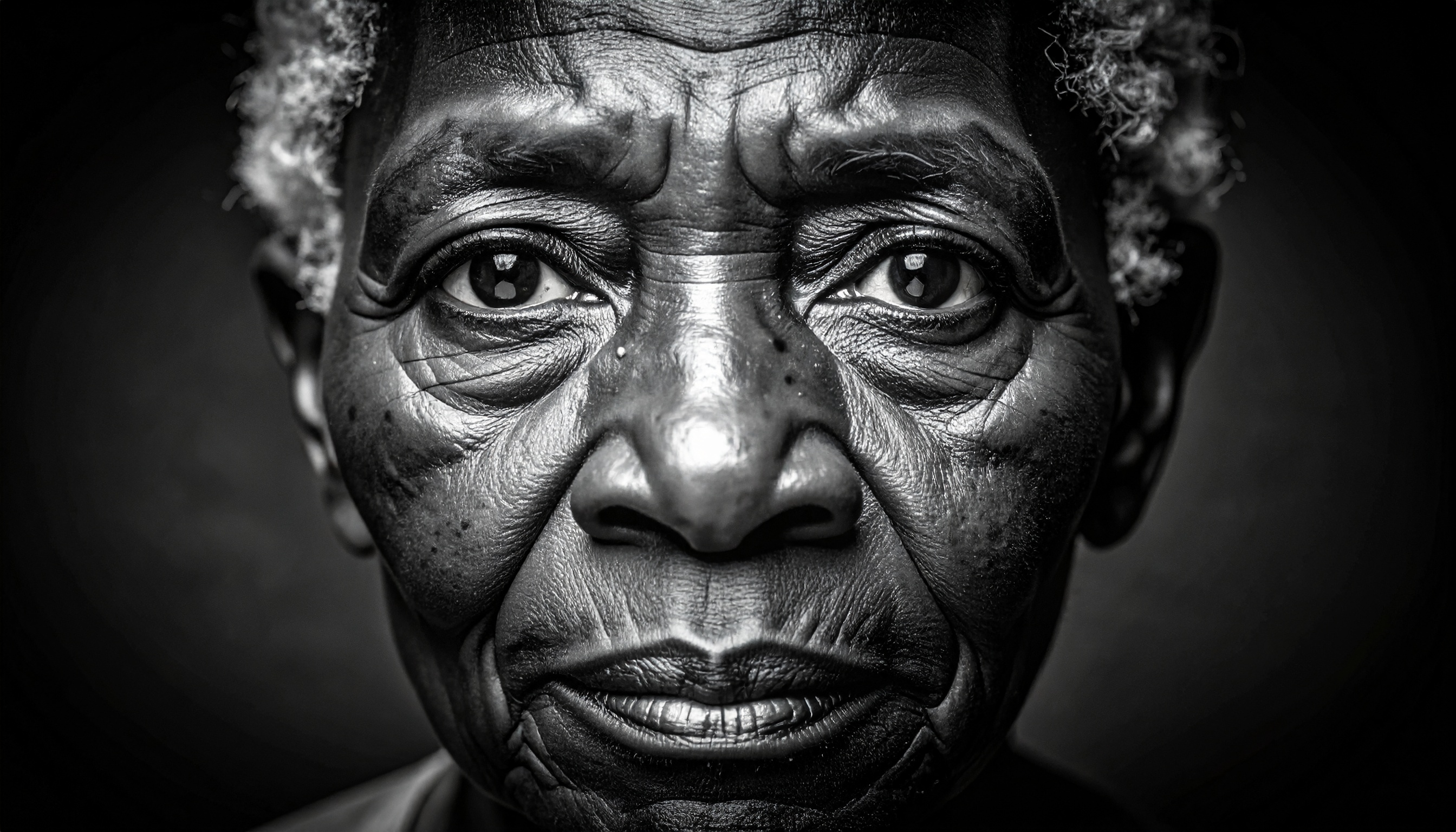 A striking black and white portrait captures the deep emotion in an elderly person's face