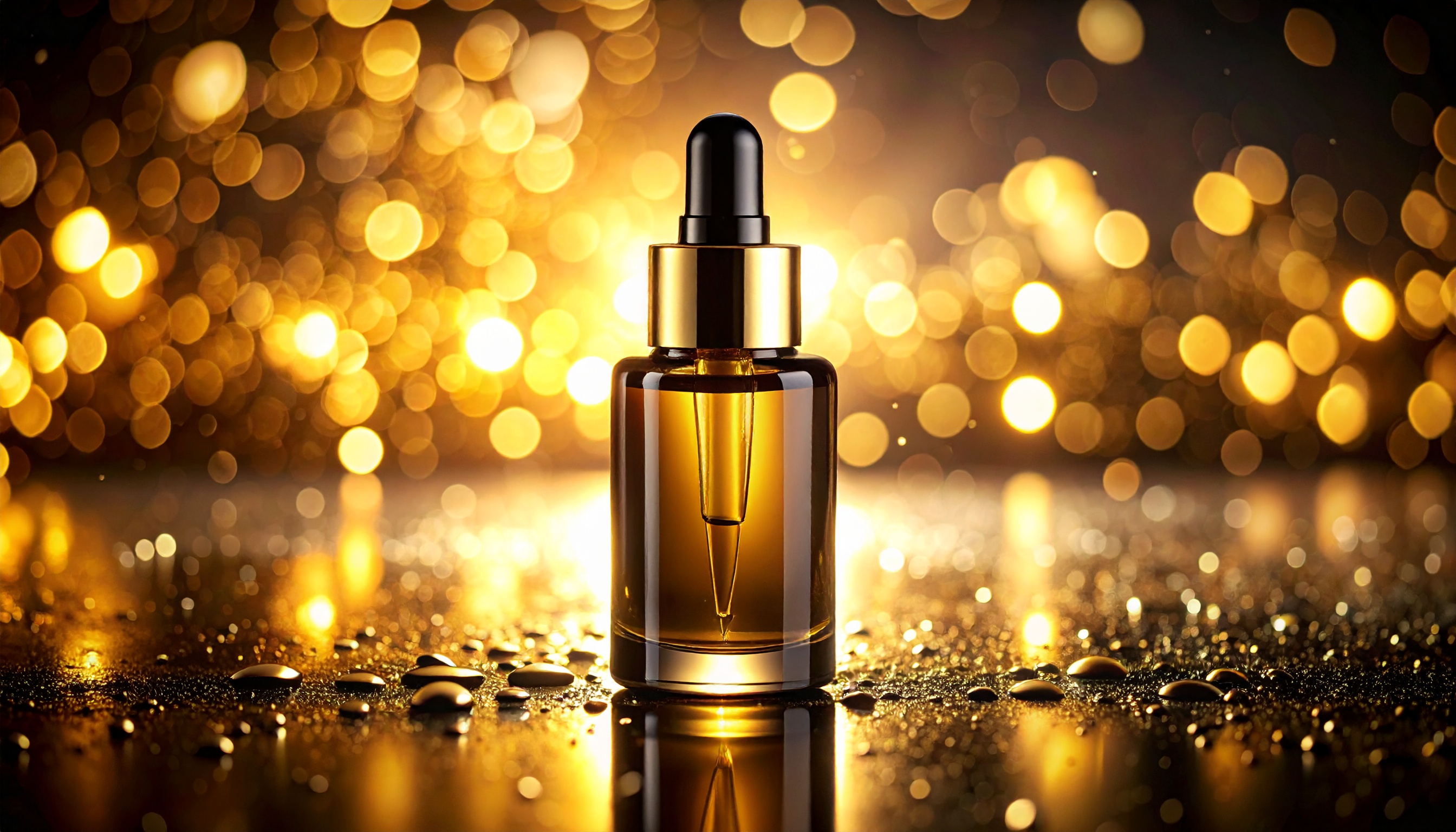 A imagem apresenta um frasco elegante de óleo essencial em destaque, cercado por um fundo brilhante em tons dourados. Este tipo de produto é ideal para quem busca cuidados com a pele ou aromaterapia, trazendo bem-estar e sofisticação. O frasco possui um design moderno, com um conta-gotas prático e refinado, que se destaca sob a iluminação suave. É perfeito para uso em ambientes de relaxamento ou em rotinas de beleza diárias. A estética luxuosa e a atmosfera cálida que a imagem transmite fazem do produto uma excelente escolha para presentes especiais.