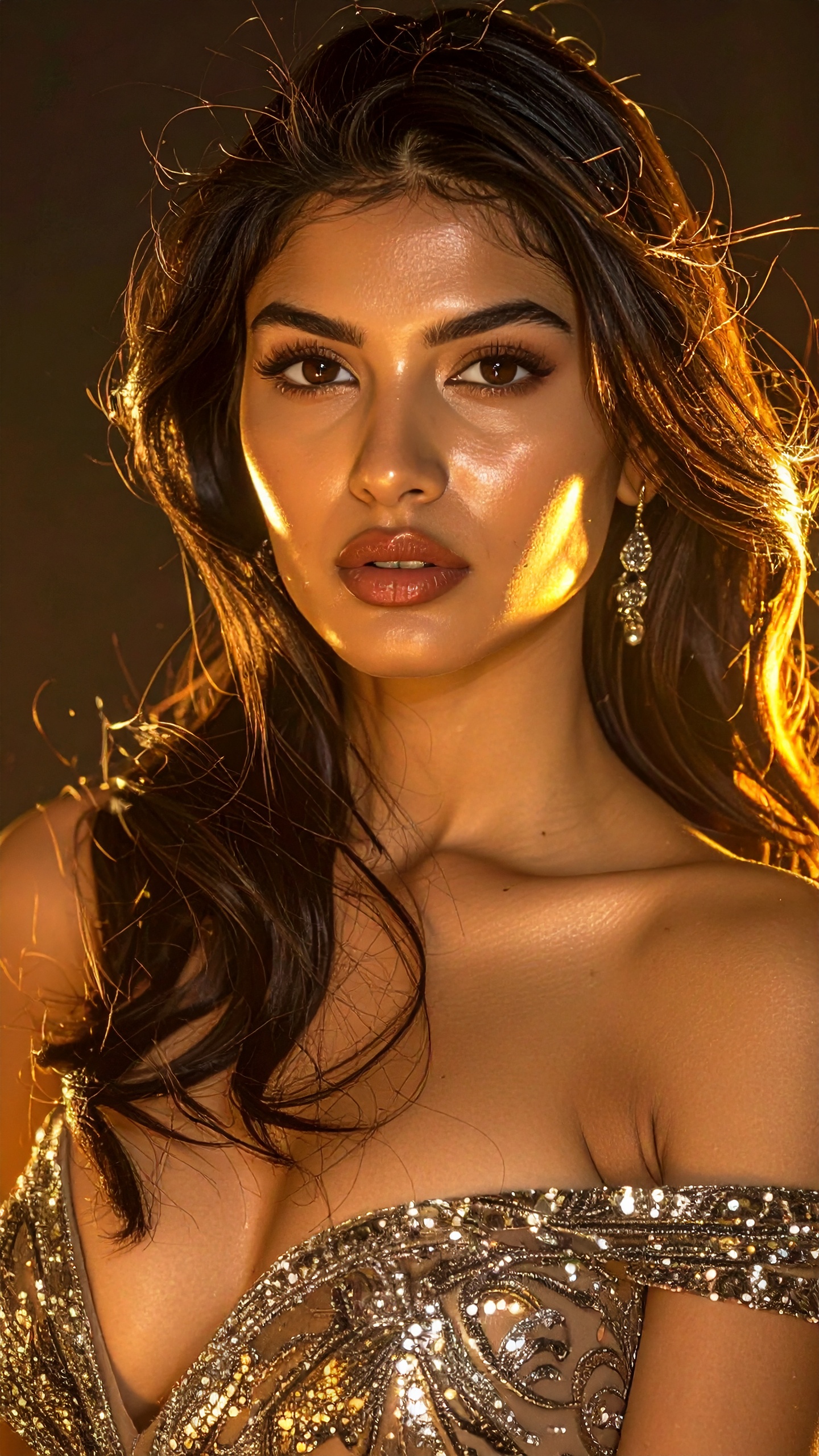 A woman in glamorous attire is illuminated by warm lighting