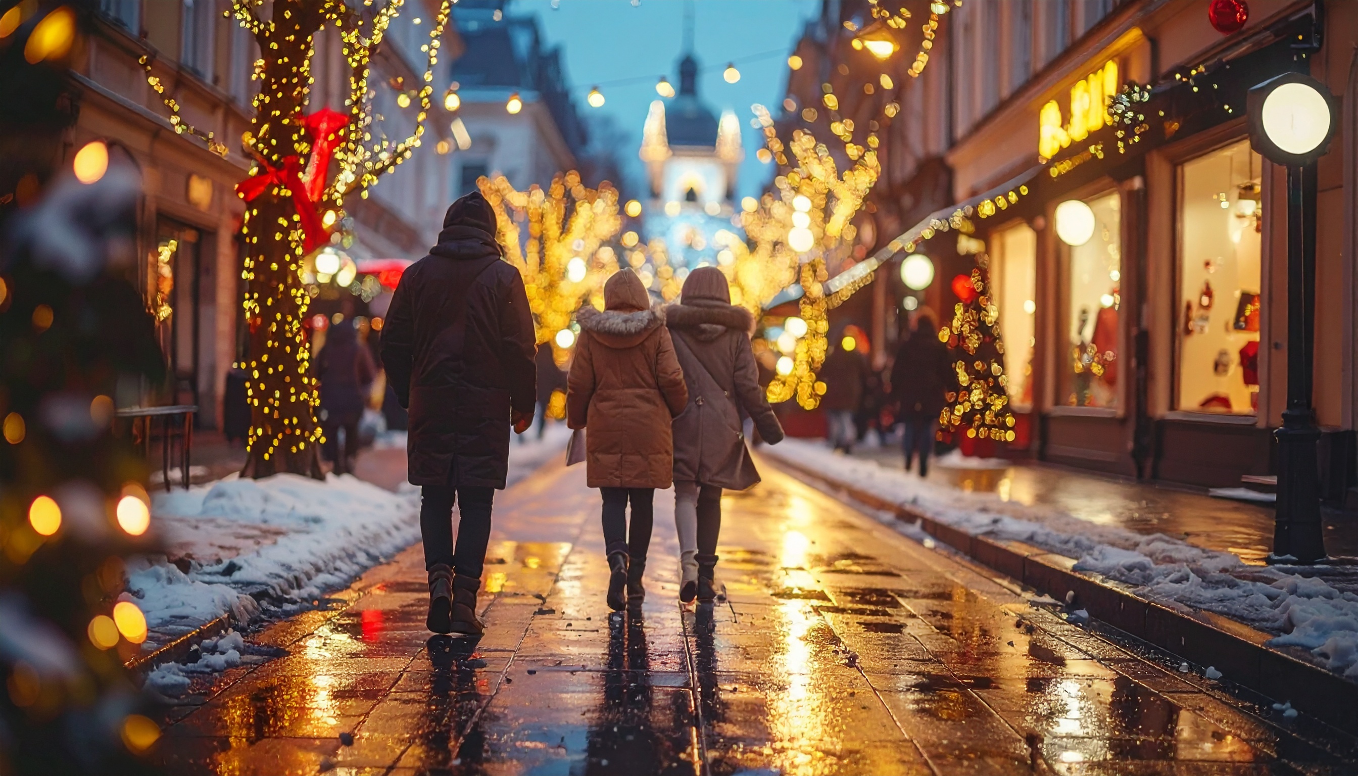 People Walking on a Christmas-Lit Street