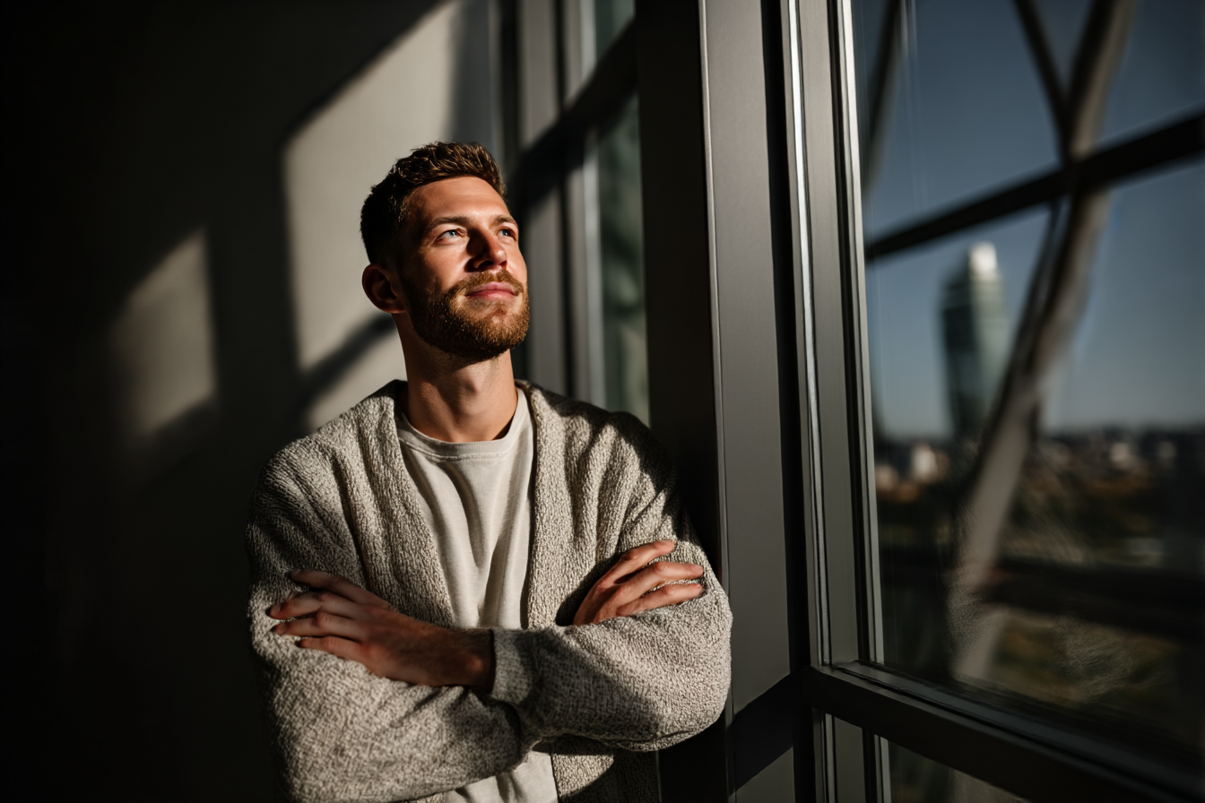 Homem de barba curta de pé ao lado de uma janela, iluminado por luz solar direta. Ele está de braços cruzados, vestindo um suéter cinza claro, olhando para fora com expressão contemplativa. A composição destaca o contraste entre luz e sombra, com a cidade visível em segundo plano através do vidro. A imagem tem um foco nítido no primeiro plano e uma iluminação suave que cria uma atmosfera tranquila e introspectiva.