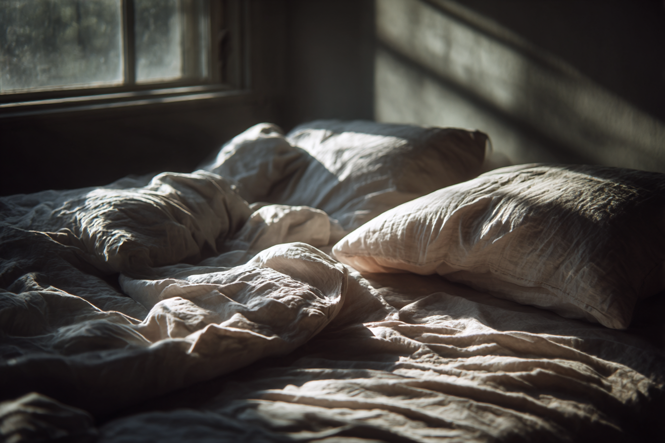 A imagem apresenta uma cama com lençóis e travesseiros amassados, iluminados suavemente pela luz natural que entra pela janela. As cores predominantes incluem tons neutros e quentes, como bege e creme, criando uma atmosfera acolhedora e tranquila. As sombras projetadas pela luz do sol adicionam profundidade à cena, destacando as texturas dos tecidos.