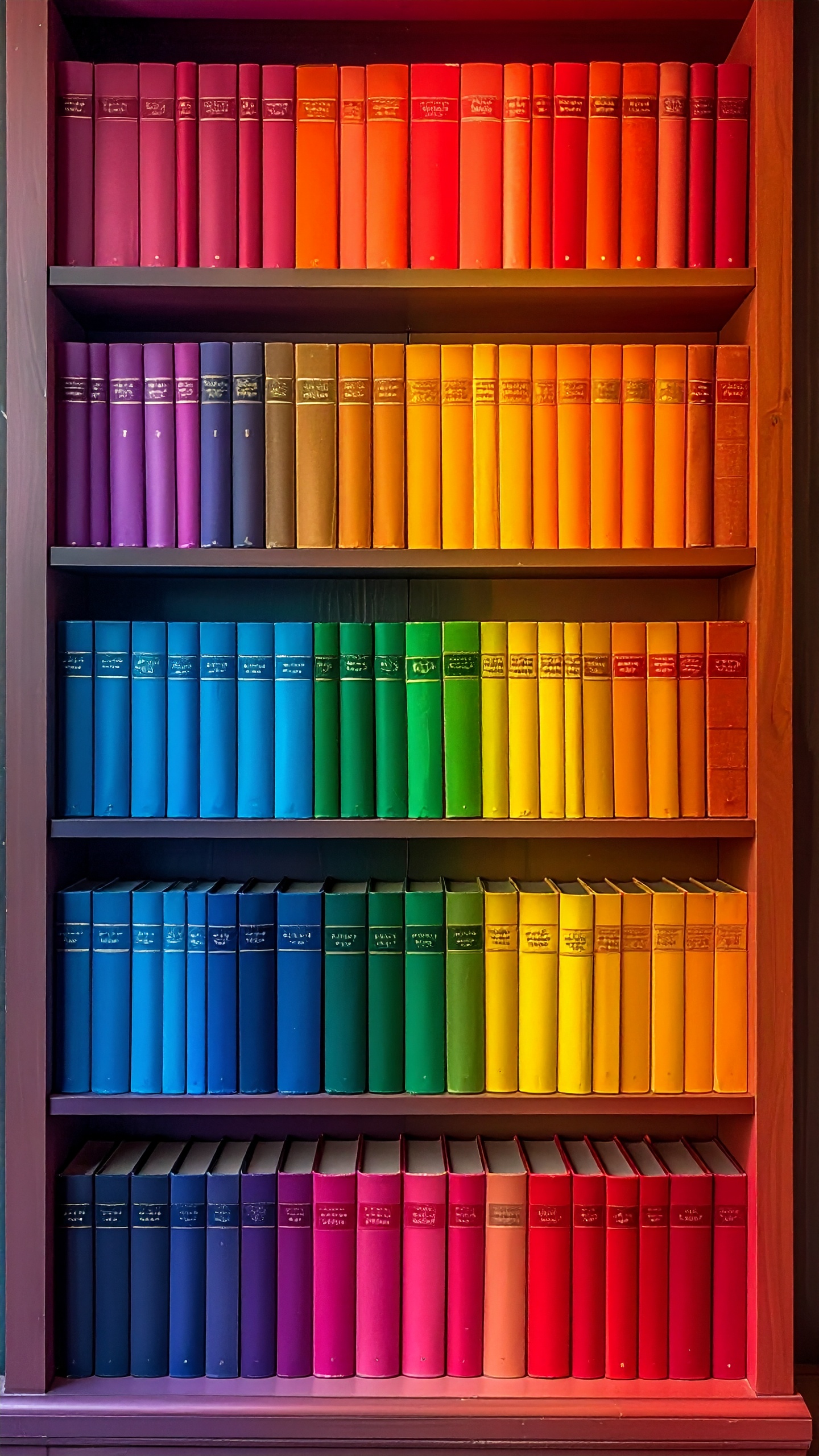 A bookshelf displays a vibrant spectrum of rainbow-colored books