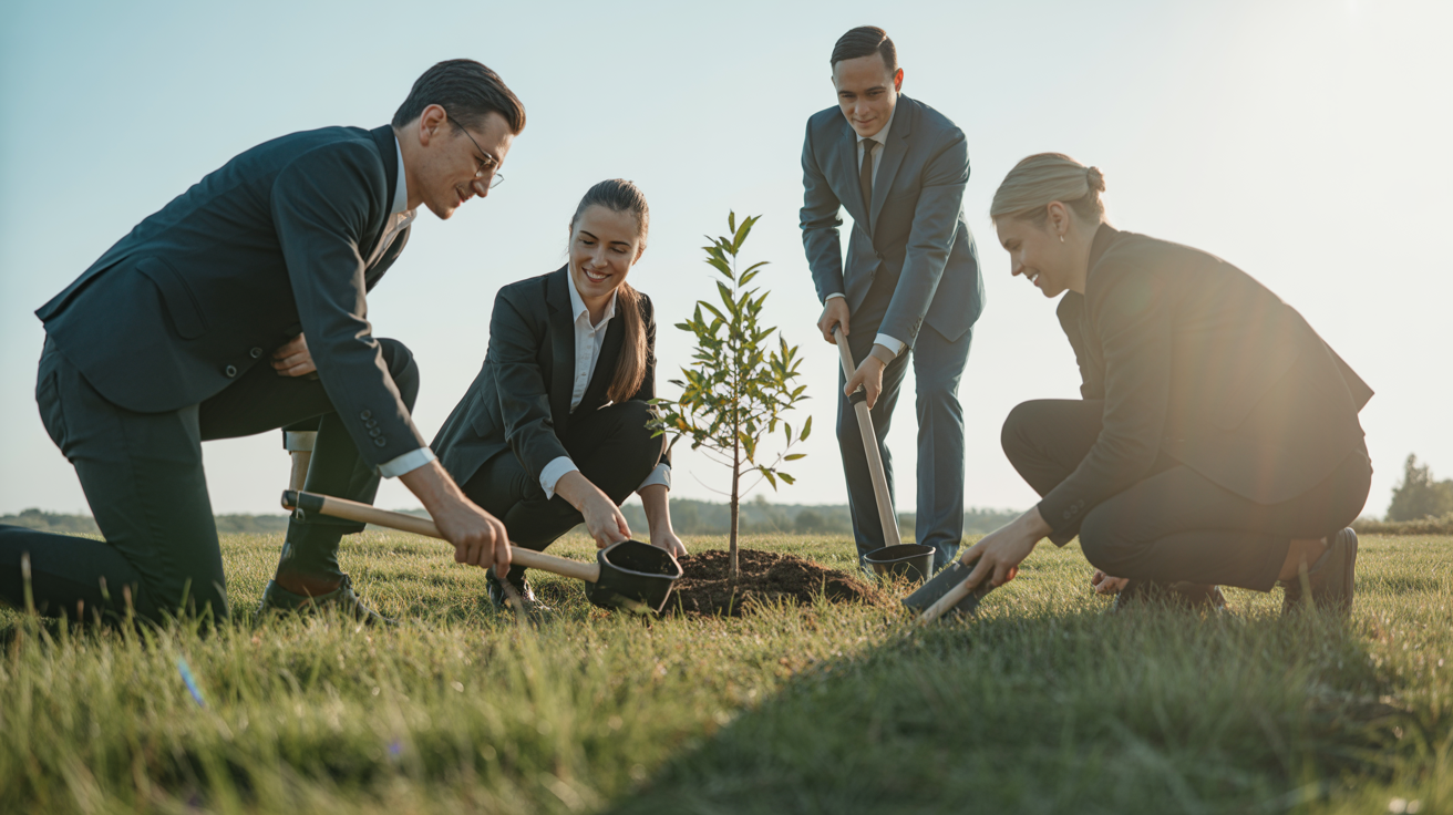 Grupo de profissionais em trajes formais plantando uma árvore jovem em campo aberto ao ar livre, simbolizando trabalho em equipe e responsabilidade ambiental em uma manhã ensolarada.