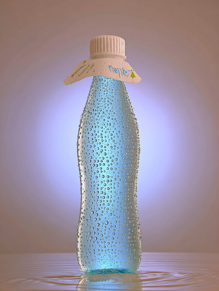Garrafa de água azul com gotas de condensação em toda a superfície, em fundo suave de cor marrom rosado. A iluminação destaca a textura e o rótulo, criando uma atmosfera refrescante e nítida. A composição centralizada e o foco preciso realçam a forma curvilínea da garrafa, enquanto o reflexo na base adiciona profundidade visual.