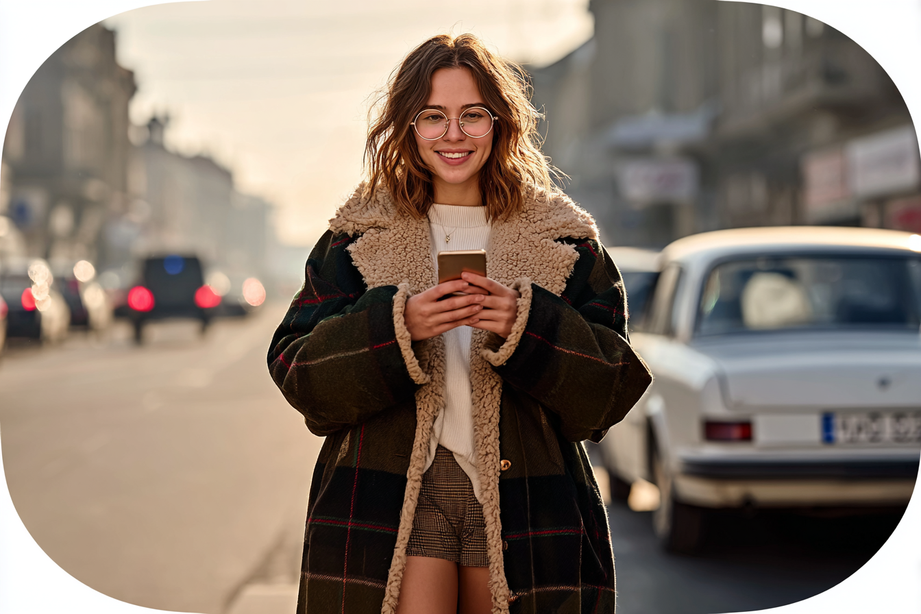 Mulher jovem sorridente com óculos, segura um smartphone enquanto caminha em uma rua urbana movimentada. O sol ilumina suavemente a cena, destacando um casaco com forro de lã, criando uma atmosfera acolhedora e contemporânea. A composição centralizada e o fundo desfocado enfatizam o foco na expressão alegre da mulher.