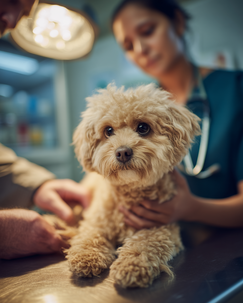 Um cachorro da raça Poodle com pelagem encaracolada é examinado por um veterinário em um consultório veterinário, demonstrando cuidado e atenção ao bem-estar do animal.