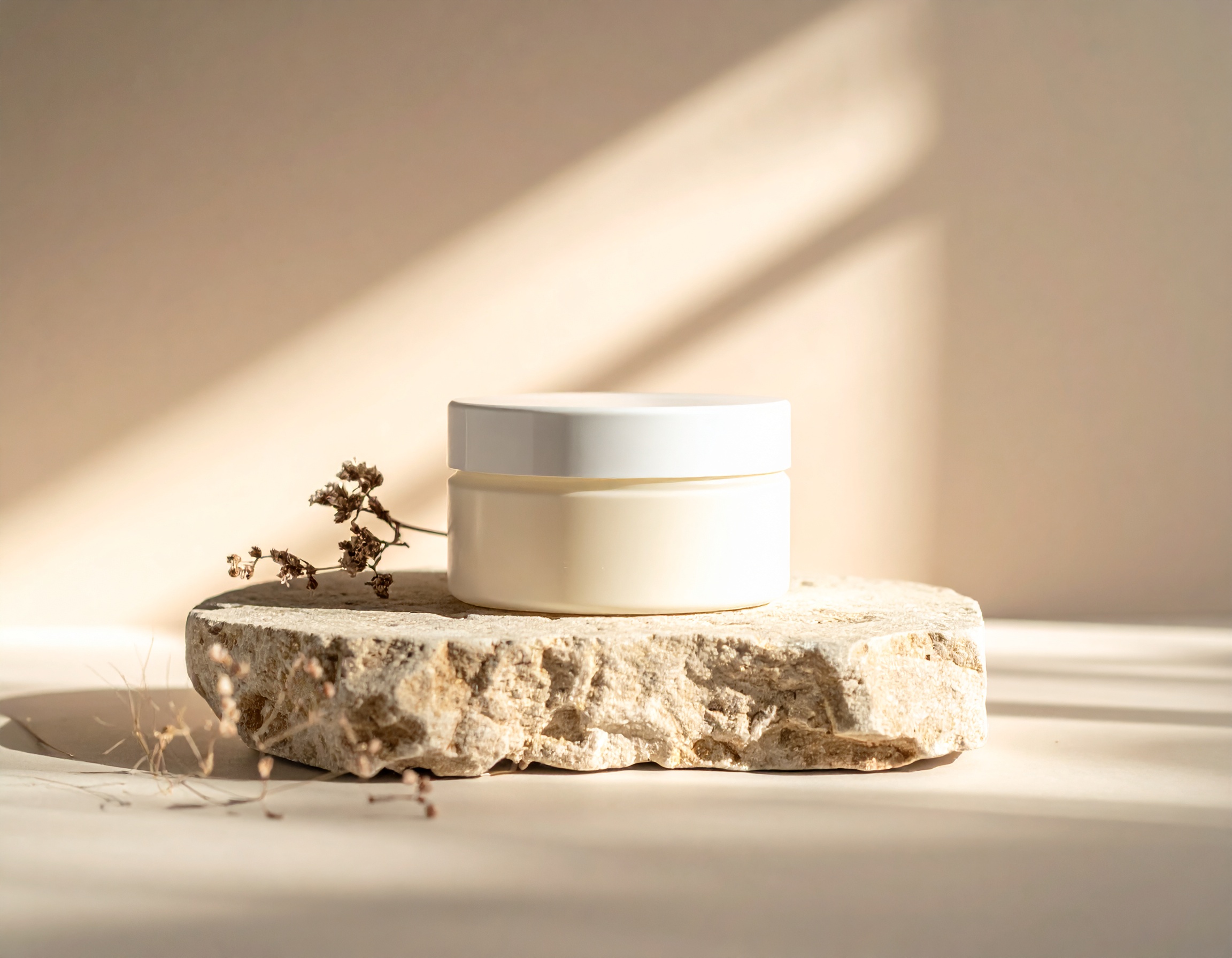 Pote de creme branco sobre pedra rústica iluminada por luz suave. Ideal para armazenar cosméticos ou produtos naturais, combinado com um design minimalista. O contraste entre o tom claro do pote e a textura da pedra adiciona elegância à cena. Perfeito para ambientes de spa, banheiros modernos ou sessões de fotos de produtos. O toque de luz natural realça a estética limpa e sofisticada.