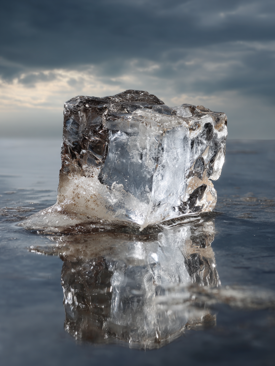 Um bloco de gelo cristalino repousa sobre uma superfície congelada, refletindo sob um céu nublado. A imagem transmite uma sensação de tranquilidade e frio, capturada em estilo realista.