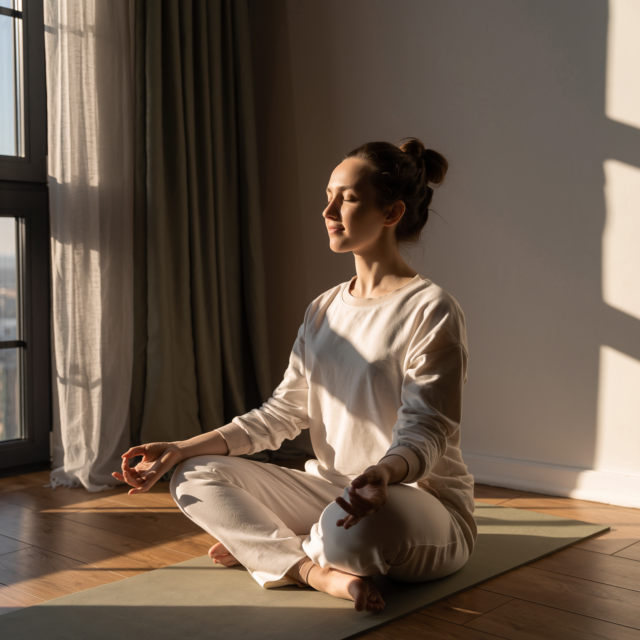 Mulher meditando em posição de lótus em sala iluminada pelo sol, transmitindo calma e serenidade. Ambiente acolhedor, ideal para práticas de mindfulness e autocuidado.