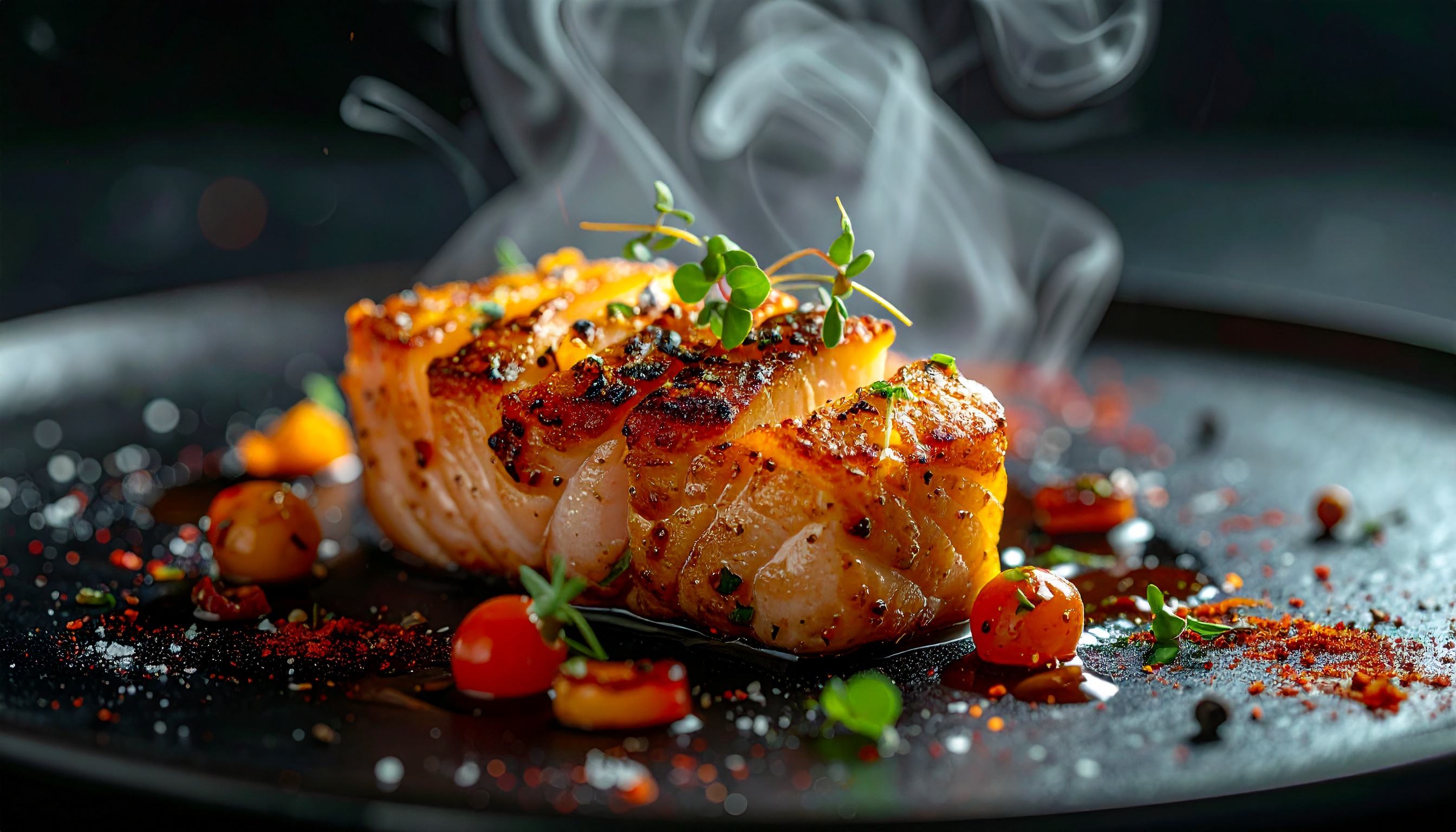 Gourmet Grilled Salmon Dish on Black Plate