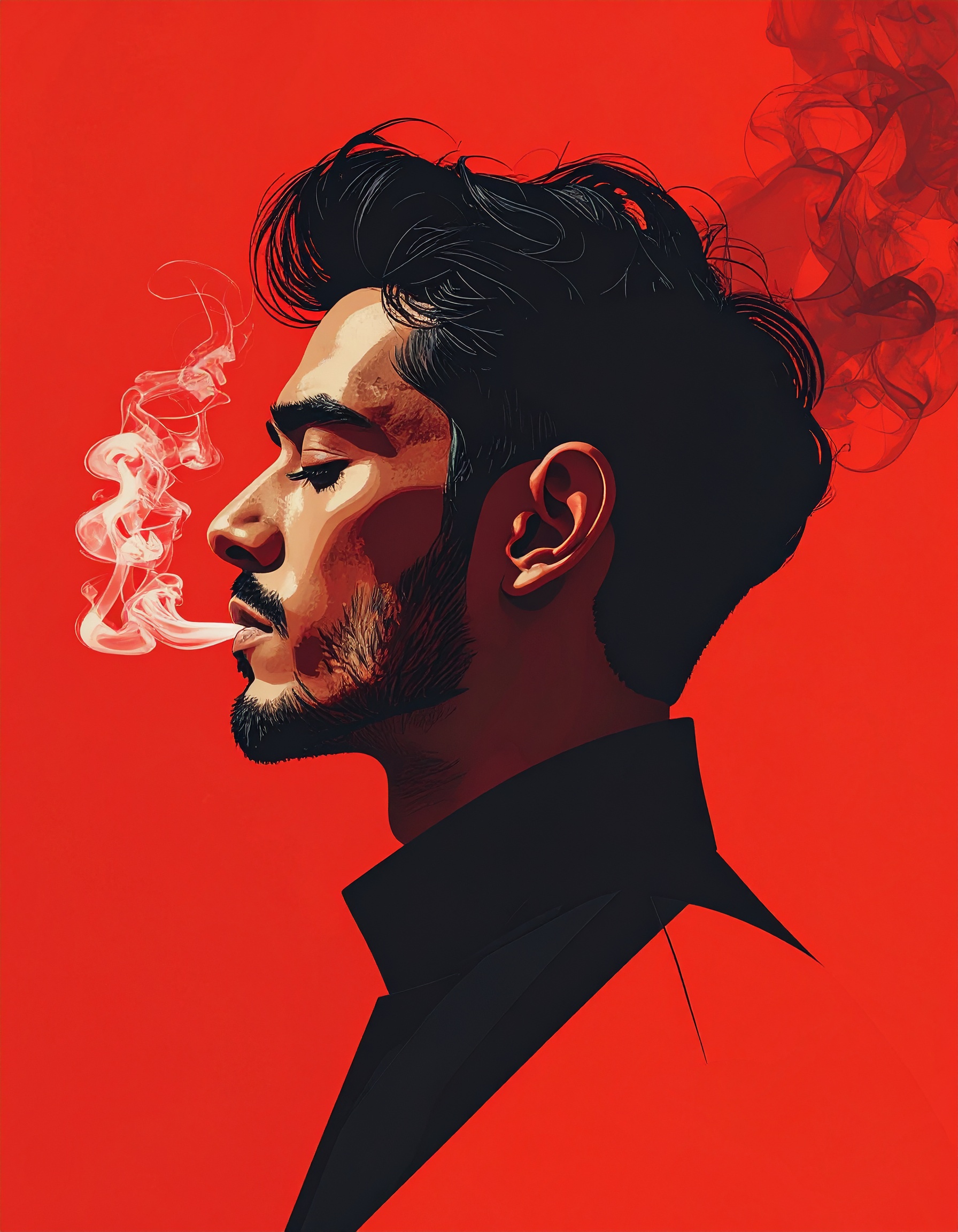 A striking portrait of a man exhaling smoke against a vivid red background