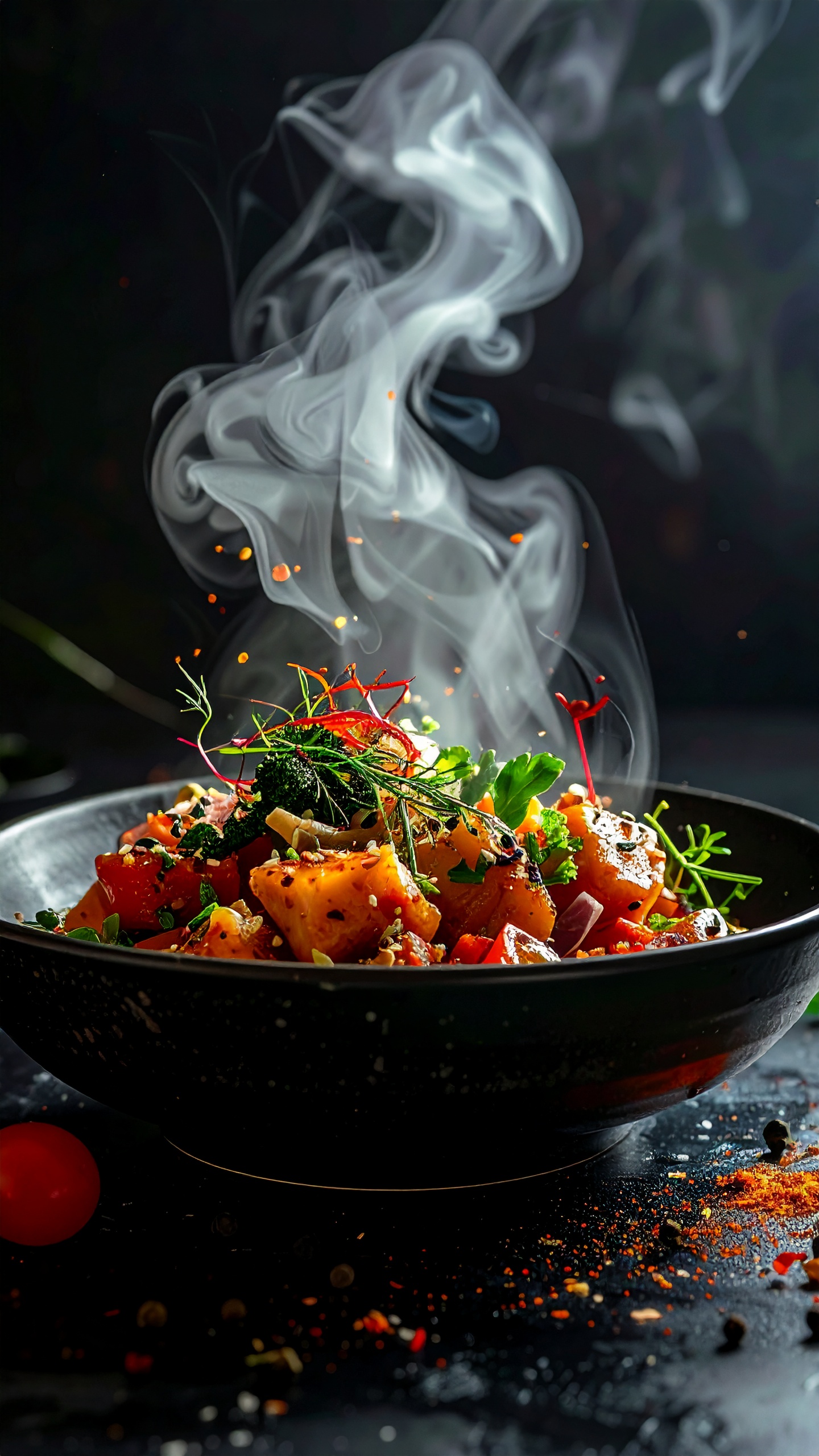 Gourmet Dish with Colorful Vegetables in a Black Bowl