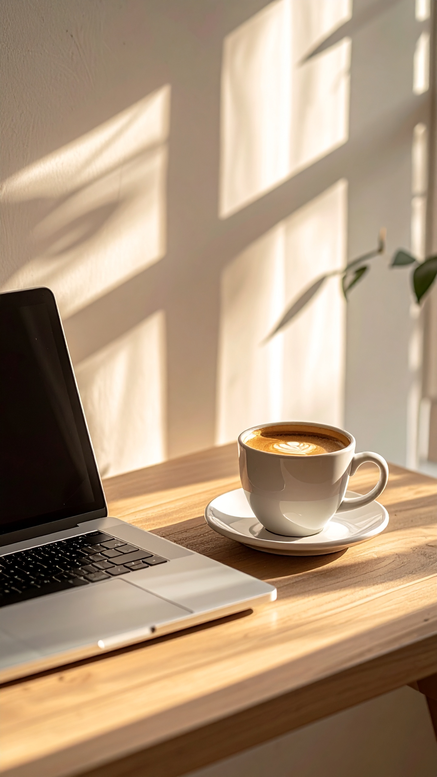 Bright Wooden Table with Laptop and Latte Art Coffee