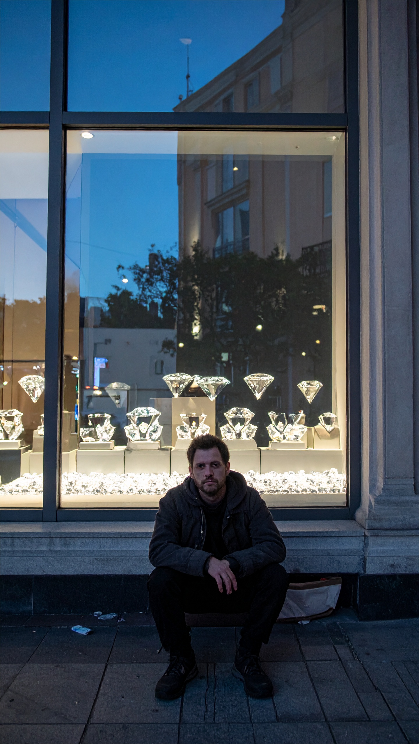A man sits pensively outside a luxury jewelry store with illuminated diamond displays