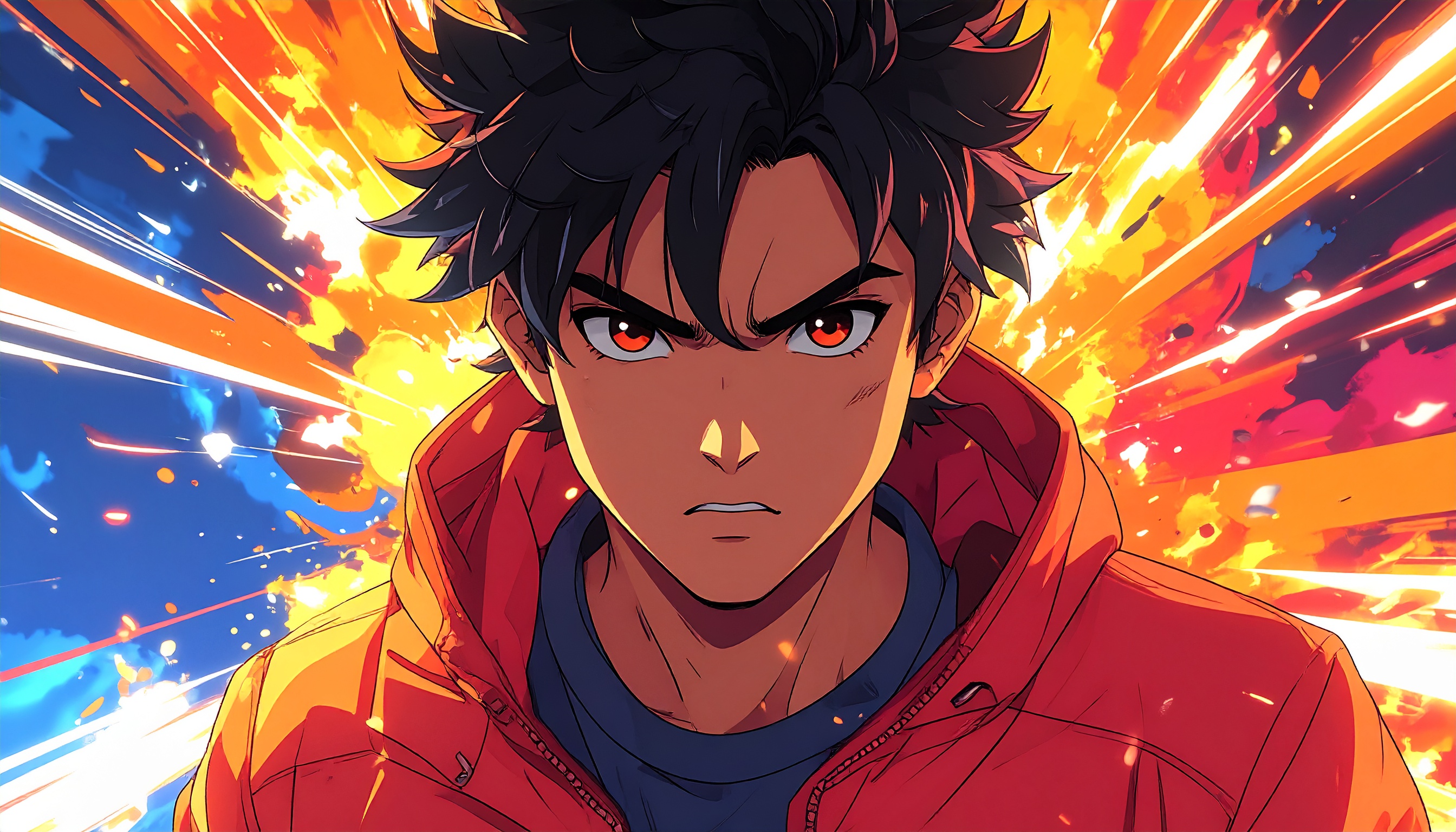 Dynamic anime character against a vibrant explosive background