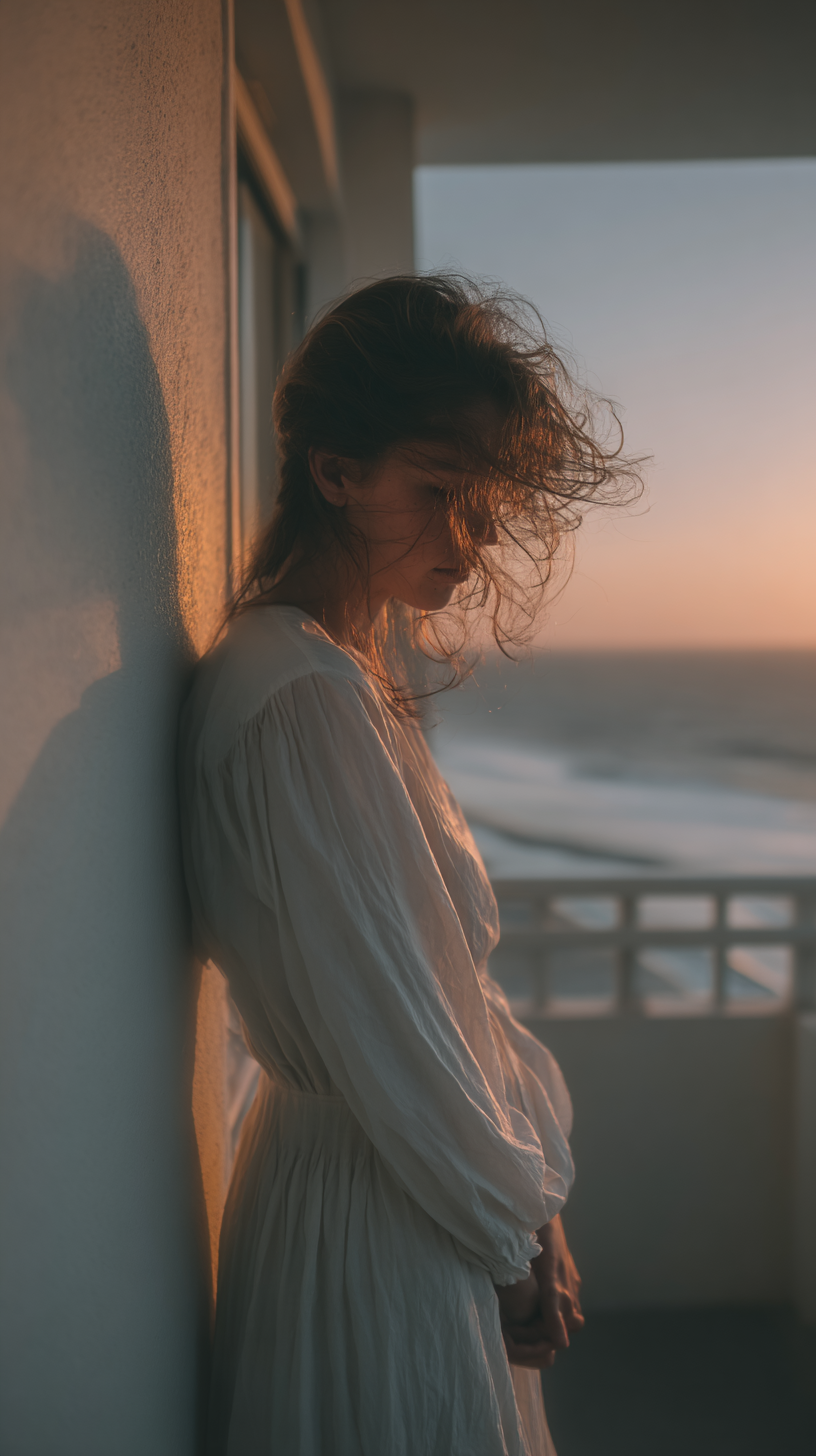A imagem apresenta uma mulher em pé, encostada em uma parede, com cabelo solto sendo movido pelo vento. A cena é banhada por uma luz suave do pôr do sol, criando um contraste entre as sombras e os pontos iluminados. O fundo mostra um vista do mar, onde as ondas se encontram com a luz do sol, sugerindo uma atmosfera tranquila e introspectiva.