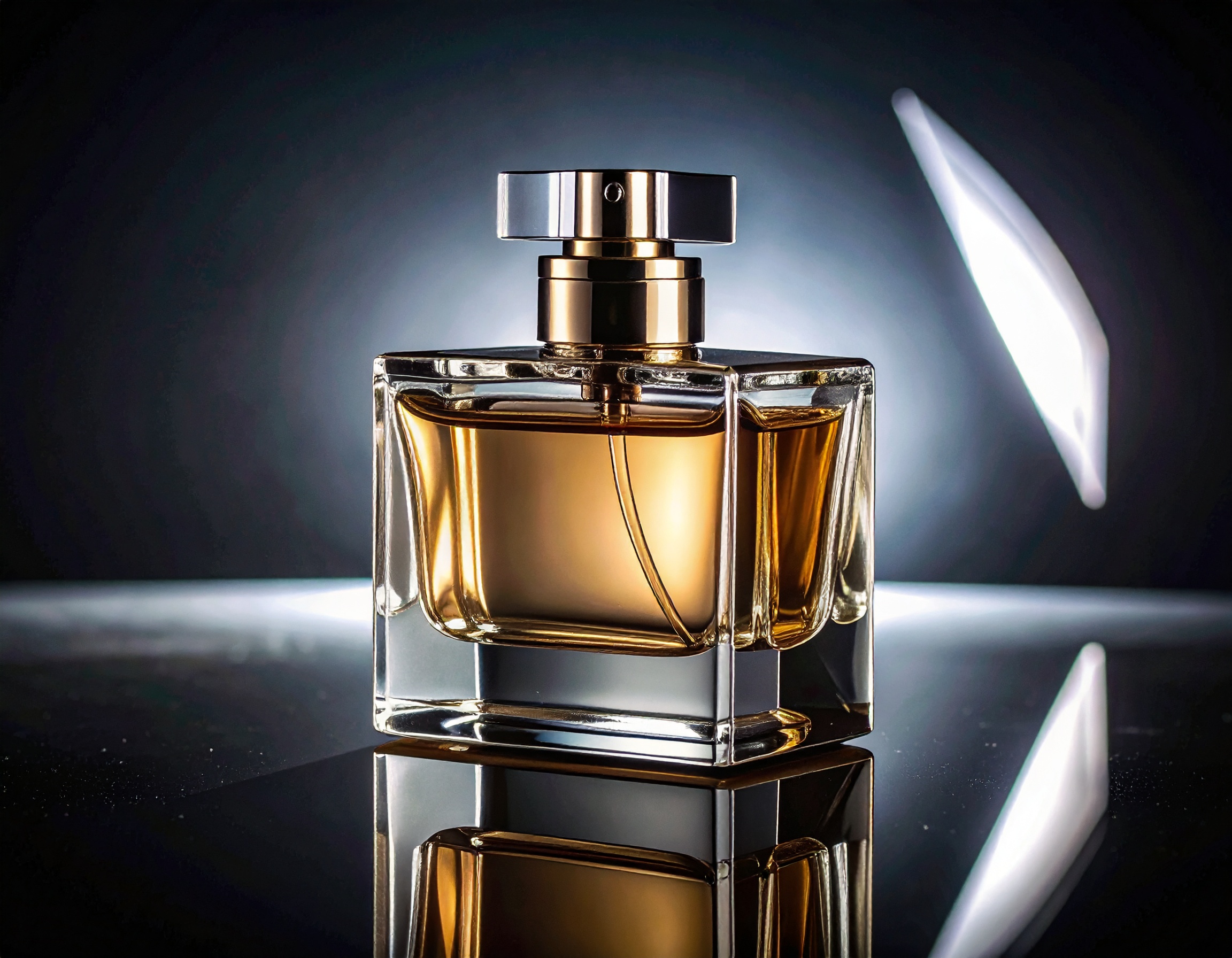 Frasco de perfume elegante e transparente sobre superfície reflexiva, destacando o líquido âmbar em iluminação sofisticada. Composição minimalista em ambiente escuro com iluminação dramática e reflexos nítidos.