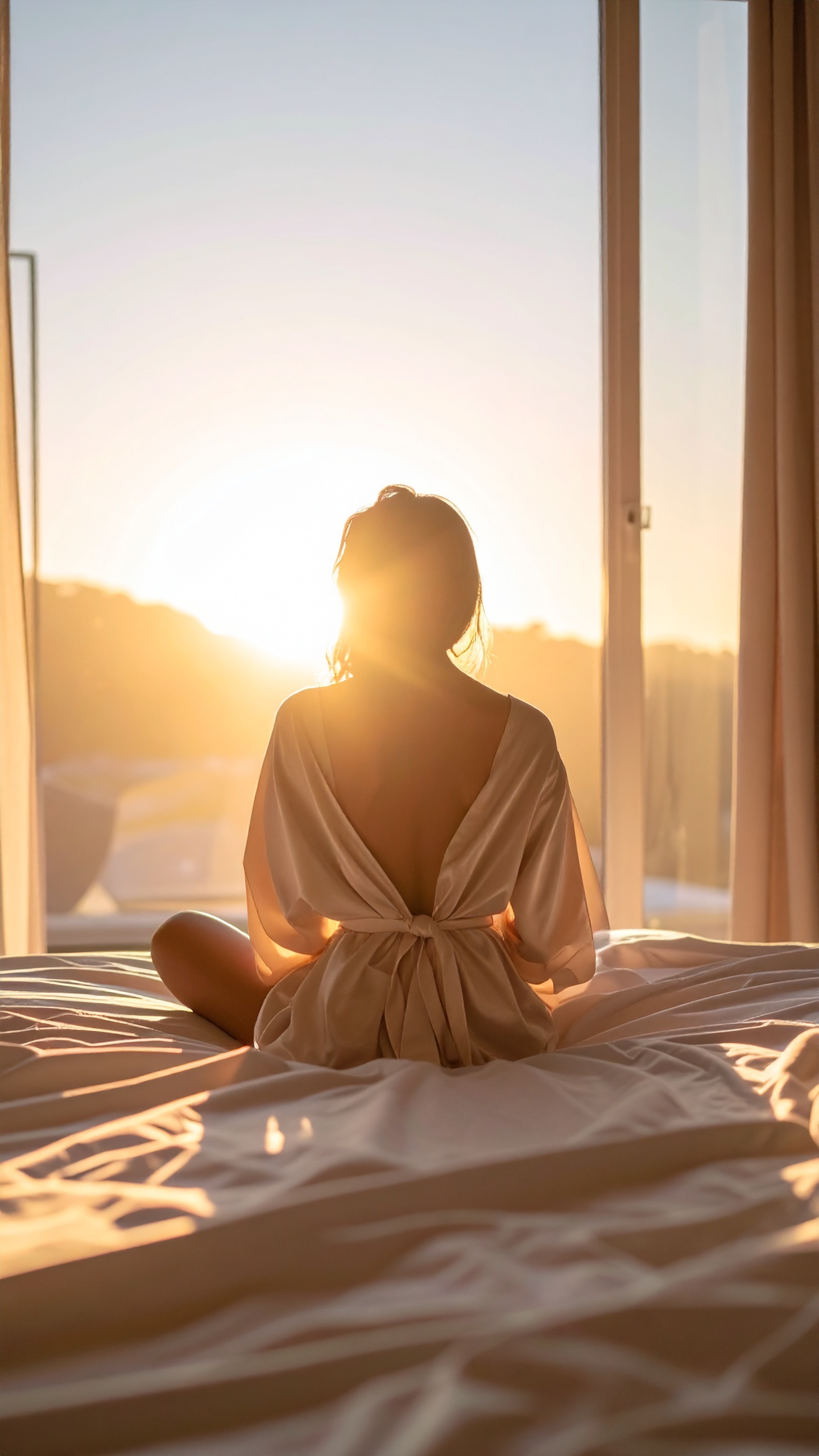A woman in a silk robe sits serenely in bed as sunlight pours through a large window