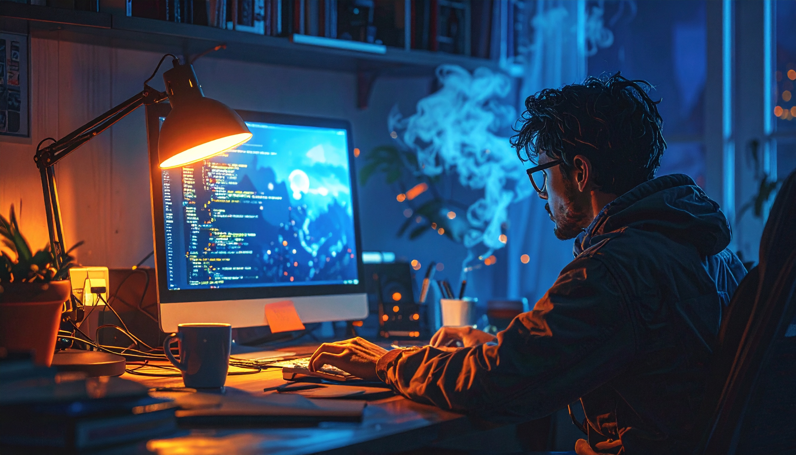 Um programador trabalha em um ambiente escuro e acolhedor, com iluminação quente de uma luminária de mesa destacando o código na tela do computador. Fumaça suave se dispersa ao redor, criando uma atmosfera de foco e concentração. O contraste de luz fria e quente adiciona profundidade à cena.