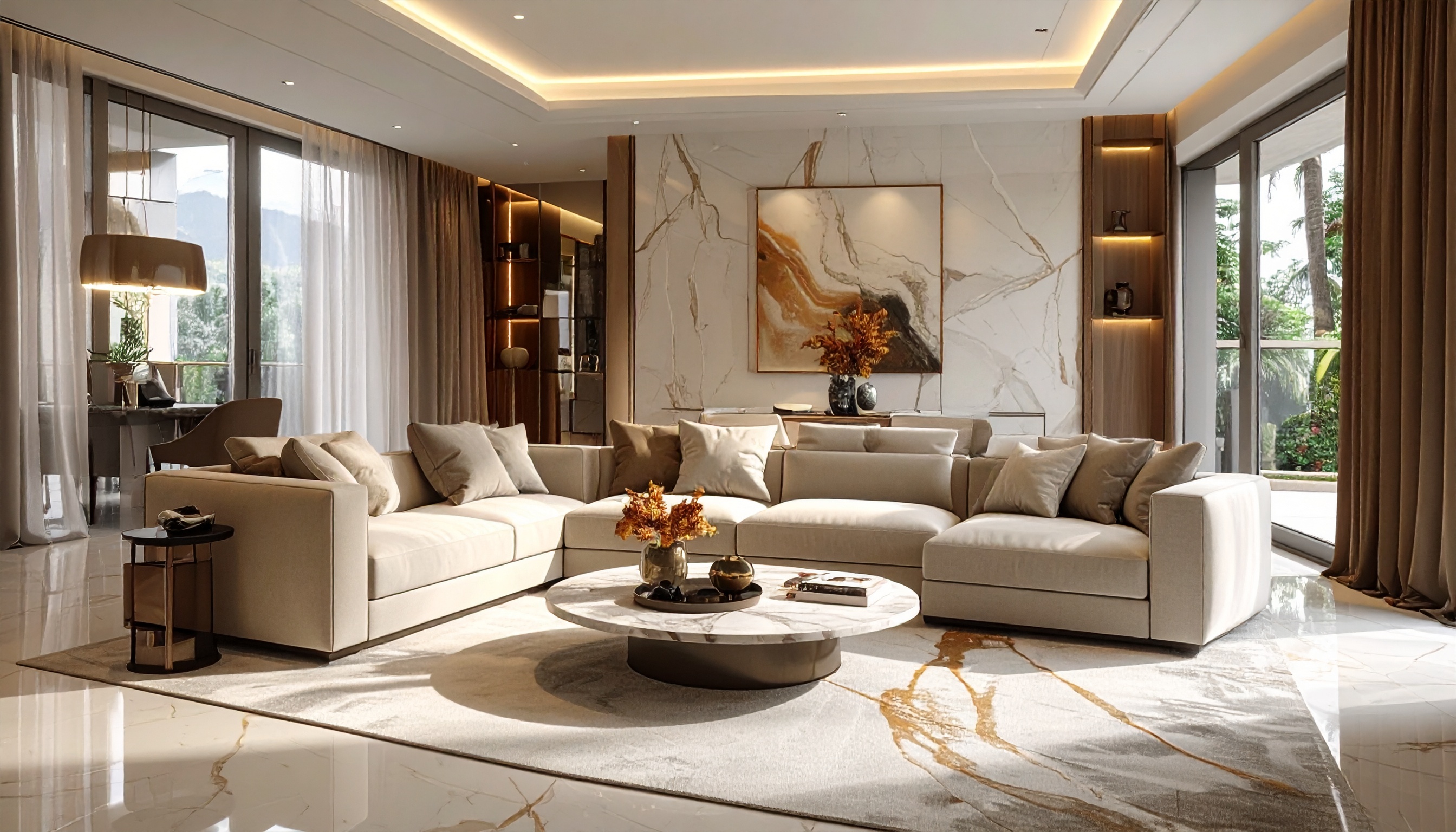 Sala de estar moderna e elegante com sofá de canto bege, mesa central de mármore com decoração floral, janelas amplas com cortinas translúcidas, piso de mármore brilhante e iluminação embutida suave, criando uma atmosfera acolhedora e sofisticada.