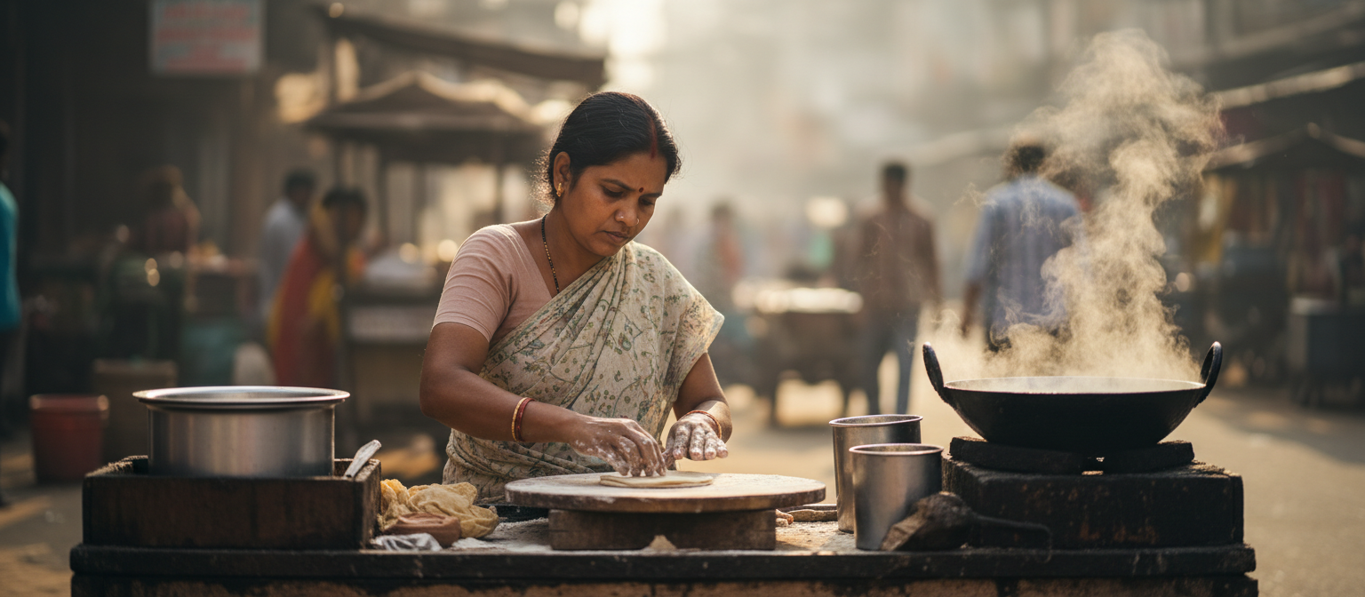 A woman in a sari prepares traditional Indian bread on a bustling street