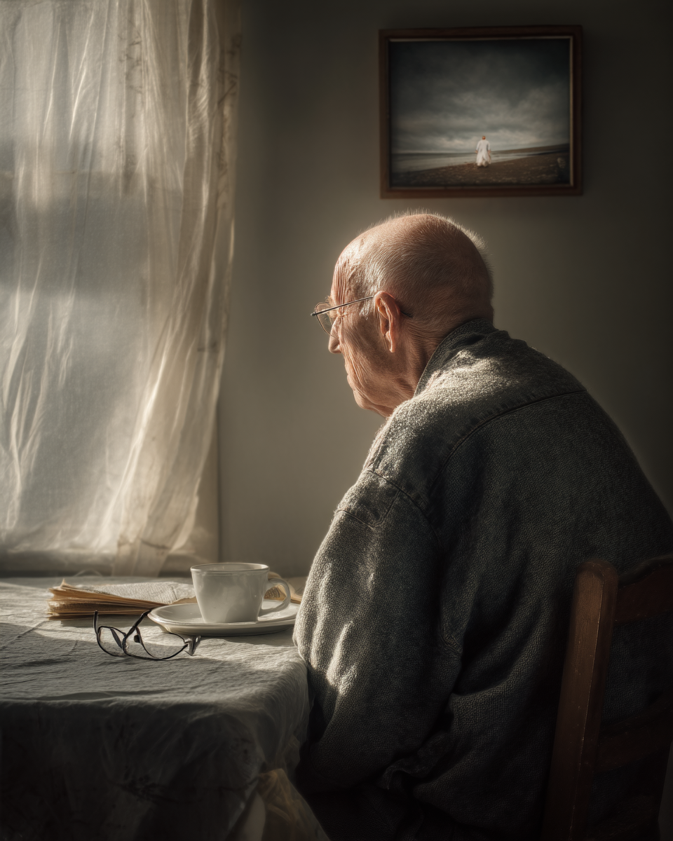 Um idoso sentado à mesa, contemplando a luz suave que entra pela janela, com uma xícara de café e livros ao seu lado. A parede exibe uma pintura de uma figura solitária na praia, evocando uma sensação de reflexão e nostalgia.