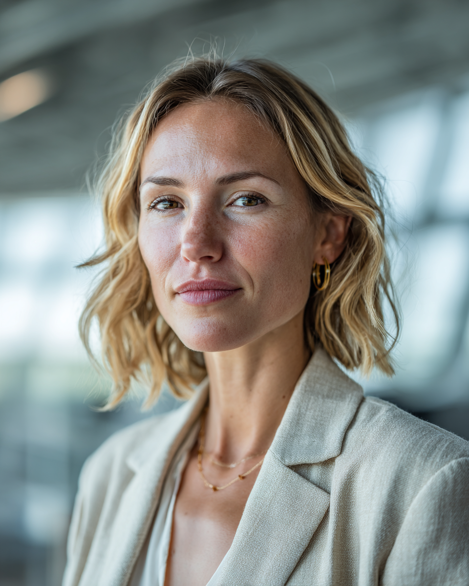 Retrato de uma mulher em um ambiente iluminado com luz natural suave. Ela veste um blazer claro, e seus cabelos loiros estão soltos e ondulados. A expressão é confiante e calma, capturada em foco nítido, com um fundo desfocado que sugere um espaço moderno e luminoso. A composição centralizada destaca o rosto, criando uma atmosfera profissional e acolhedora.