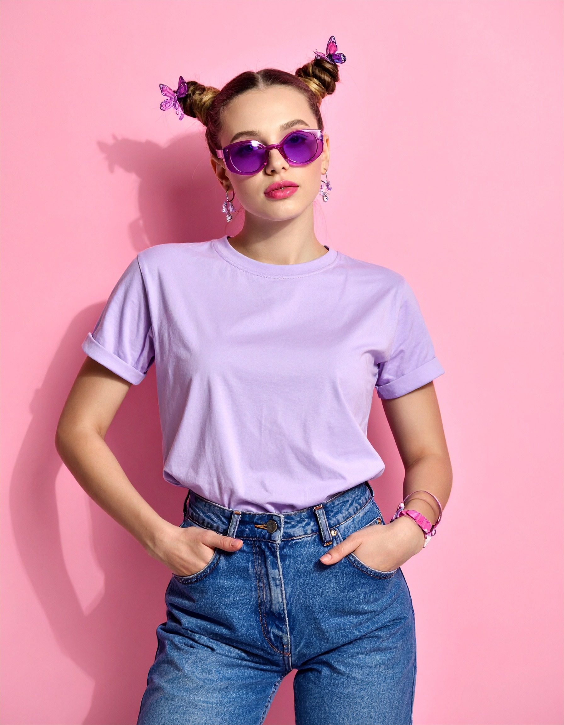 A young woman wearing a pastel purple t-shirt and stylish sunglasses stands confidently against a