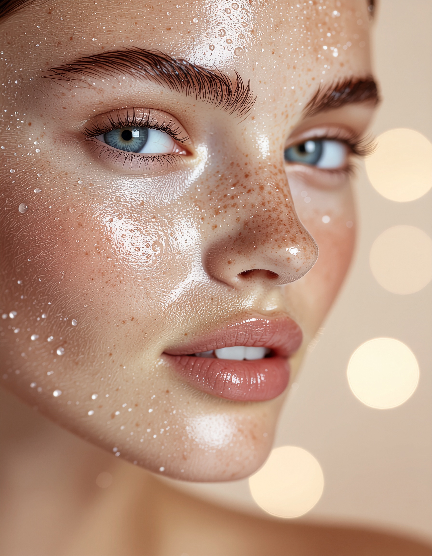 Rosto feminino em close-up com pele iluminada e sardas, olhos azuis destacados, fundo desfocado com bokeh em tons de bege e iluminação suave.