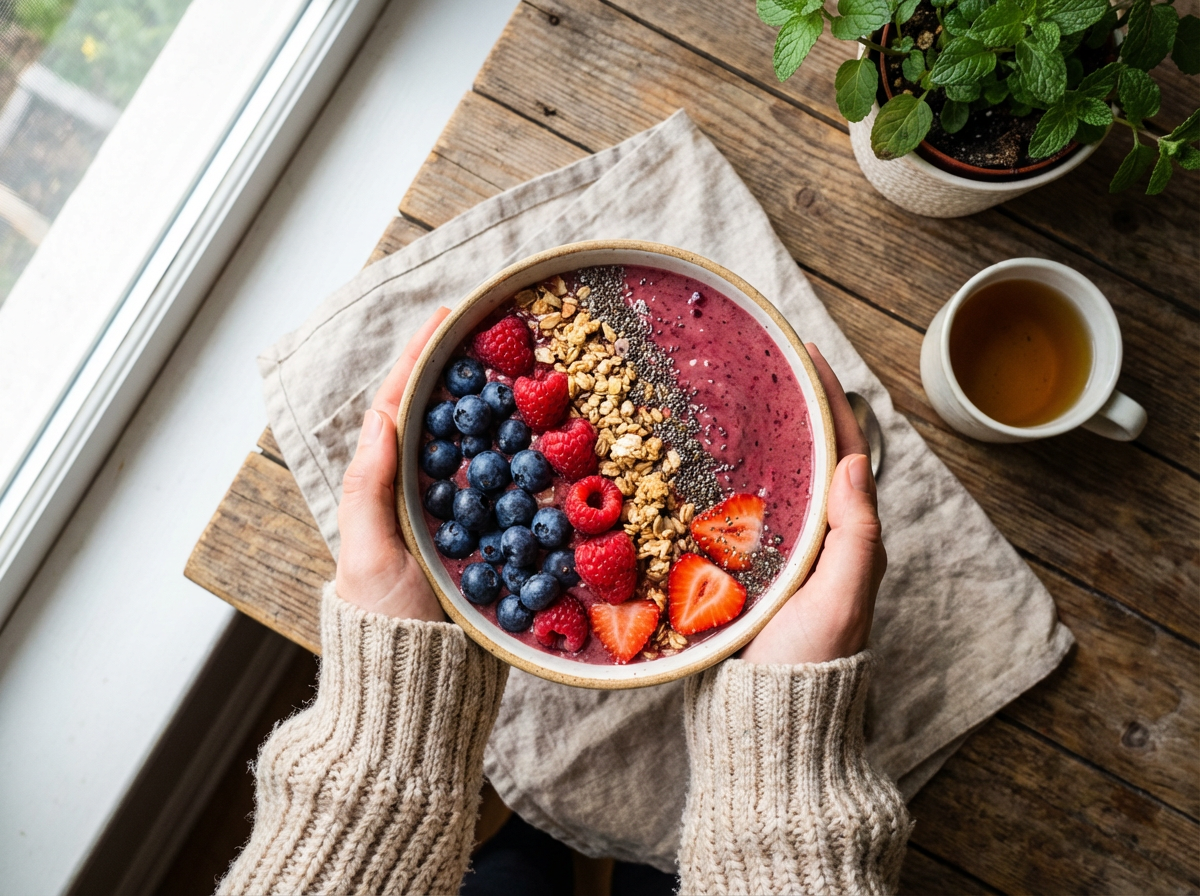 A vibrant smoothie bowl is held in hands over a rustic wooden table