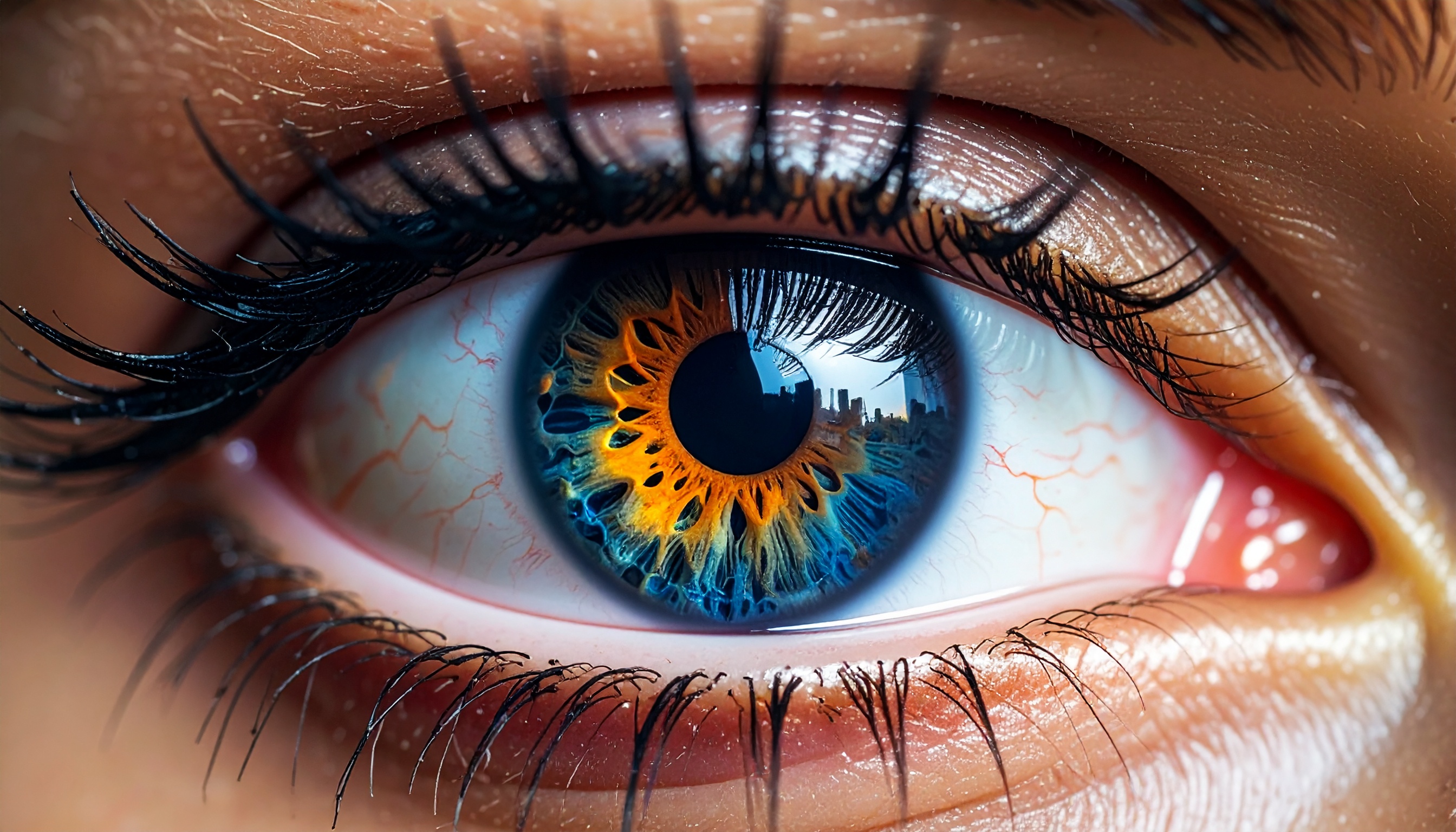 Olho humano com íris refletindo uma paisagem urbana. Esta imagem simboliza a conexão entre visão humana e a vida urbana. As cores vibrantes da íris, com tons de azul e laranja, capturam detalhes visuais impressionantes. Ideal para campanhas de marketing que buscam destacar inovação e perspectiva. A combinação de elementos naturais e urbanos cria um efeito visual único e intrigante.