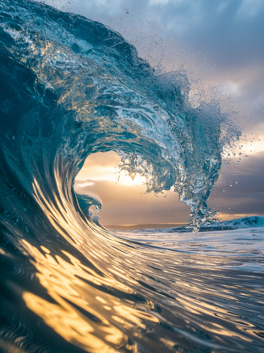 A powerful ocean wave curls dramatically under a vibrant sunset