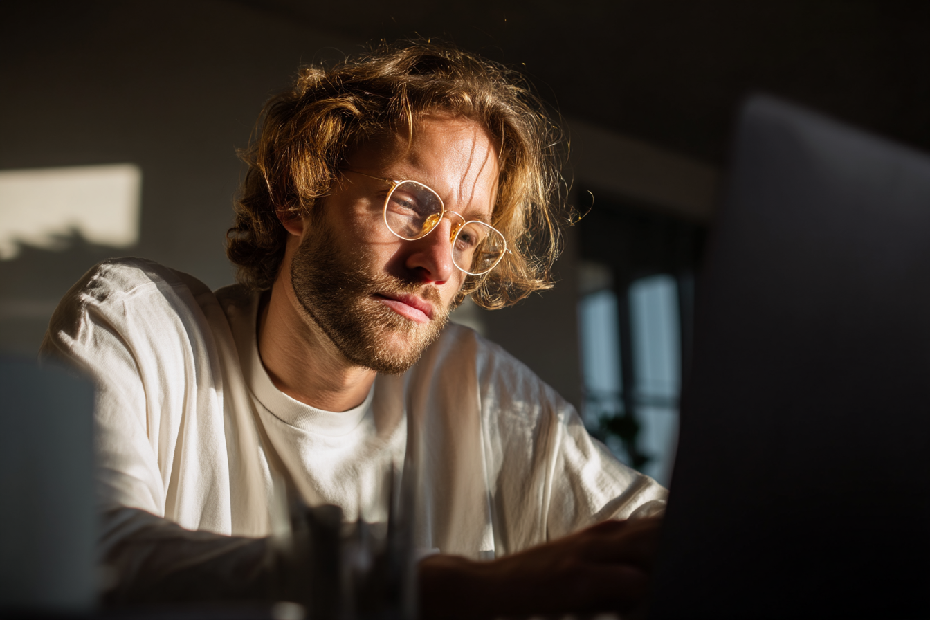 A imagem apresenta um homem com cabelo cacheado e barba sentado em frente a um computador. Ele usa óculos com armação dourada e está vestindo uma camiseta branca. A luz suave do sol ilumina seu rosto, criando um jogo de sombras e luzes que destaca suas características faciais. O fundo é difuso, com elementos de uma sala de estar ao fundo.