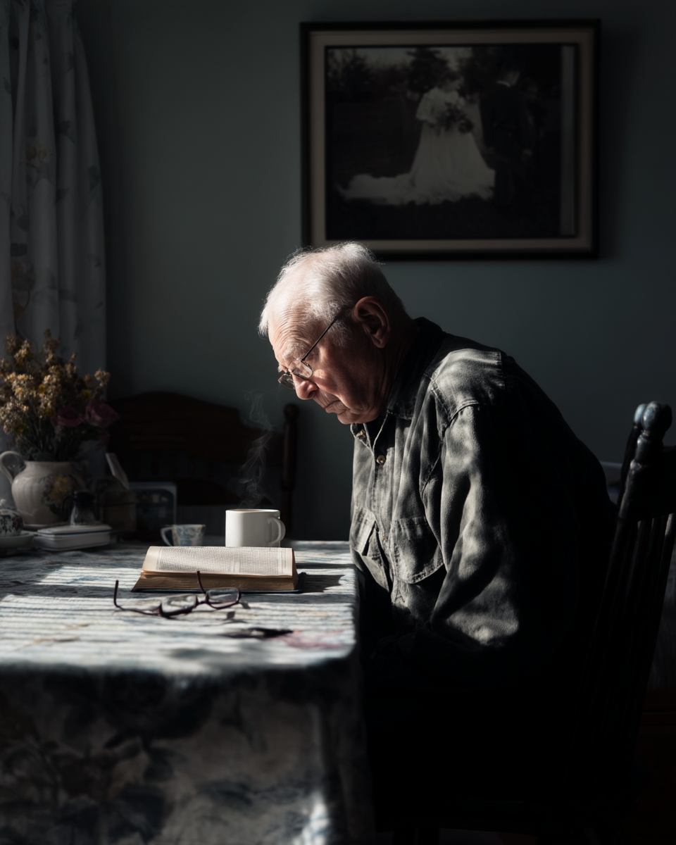 Um idoso lendo um livro em uma mesa iluminada, com uma xícara de café ao lado. O ambiente é acolhedor e tranquilo, com uma foto de casamento ao fundo e flores secas em um vaso. A cena evoca sentimentos de nostalgia e reflexão.