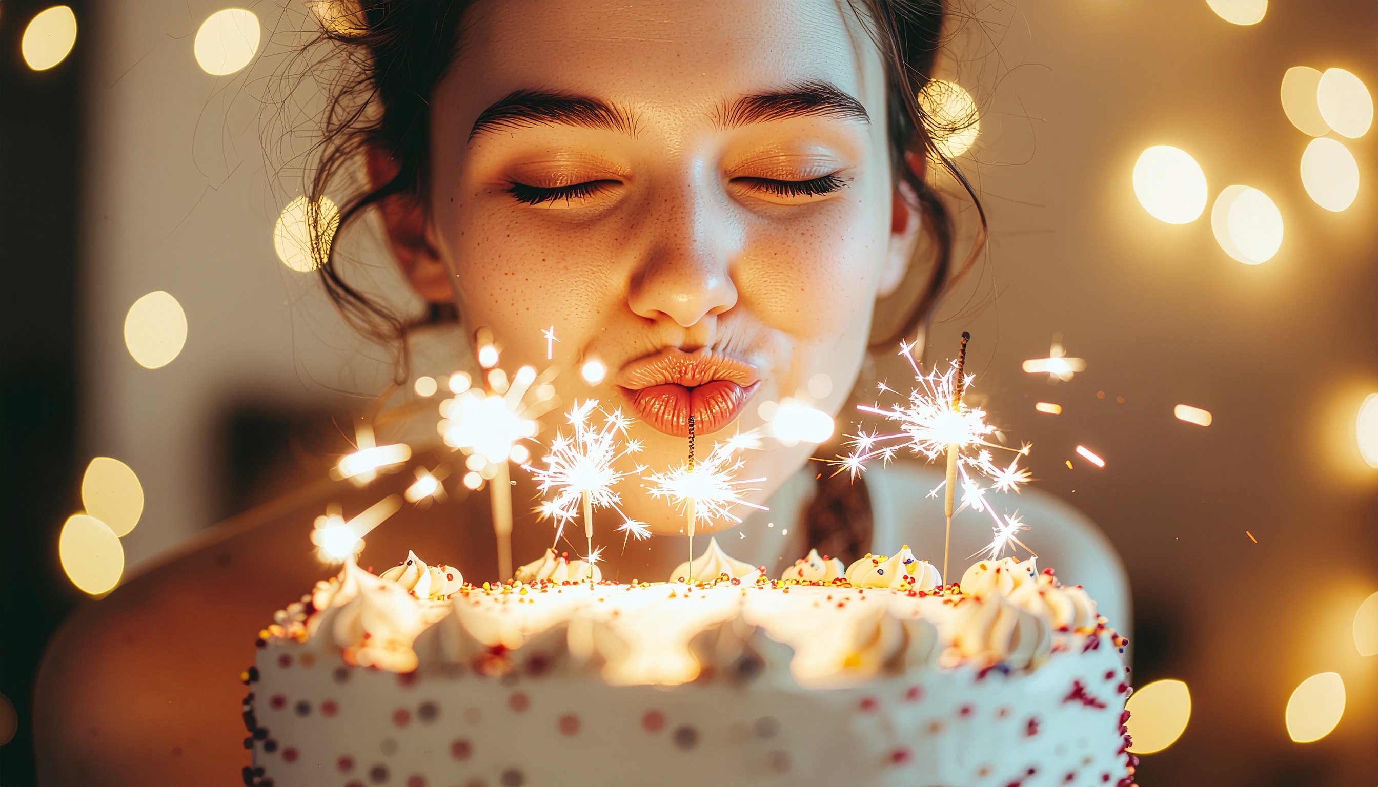 Jovem soprando velas faiscantes em um bolo de aniversário, com expressão de alegria e olhos fechados. Iluminação suave e quente, criando um ambiente festivo e íntimo. Fundo desfocado com luzes brilhantes em bokeh, enfatizando a atmosfera de celebração. Composição focada no rosto e no bolo, destacando o momento especial.