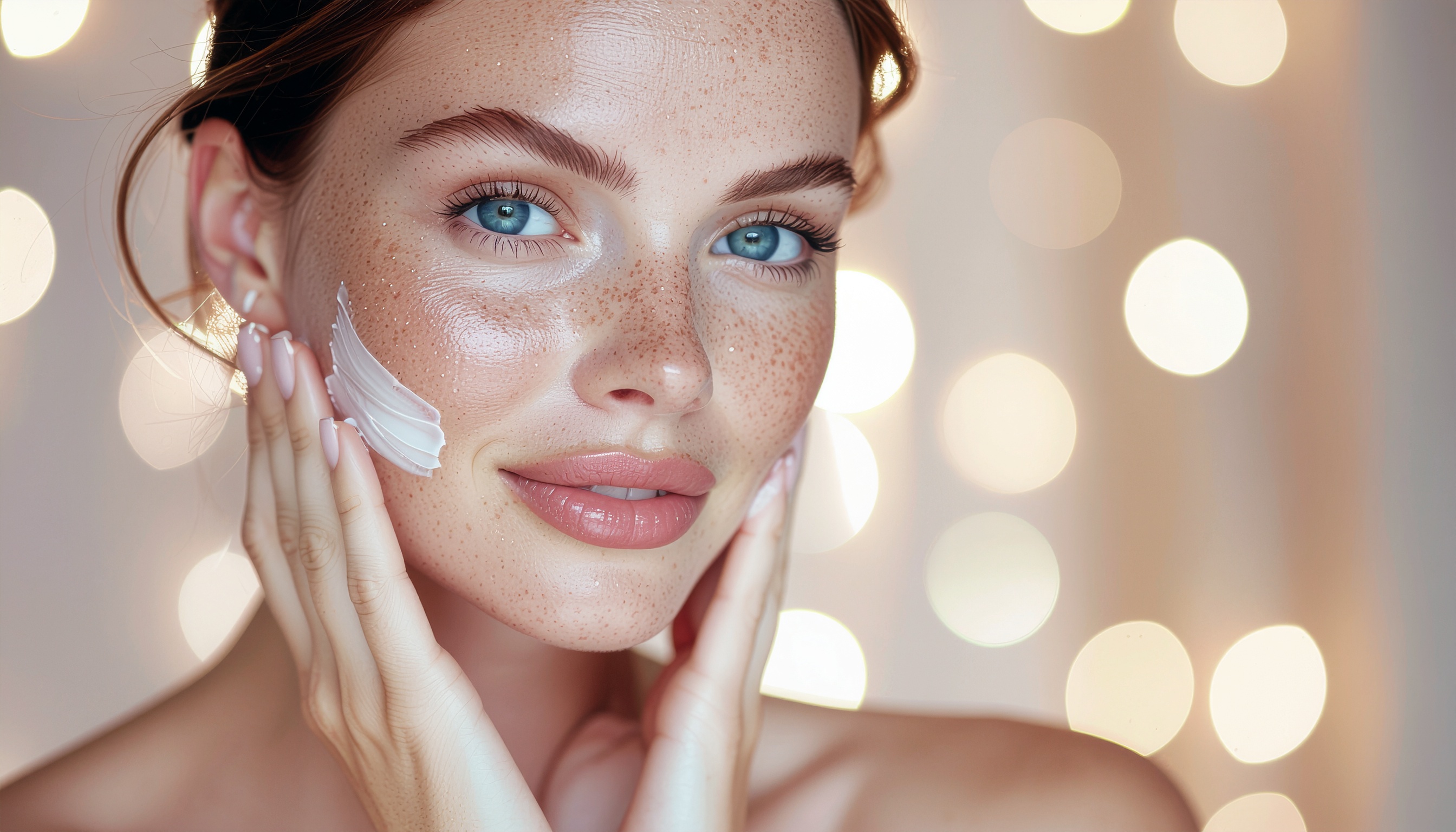 Young Woman with Freckles Applying Cream
