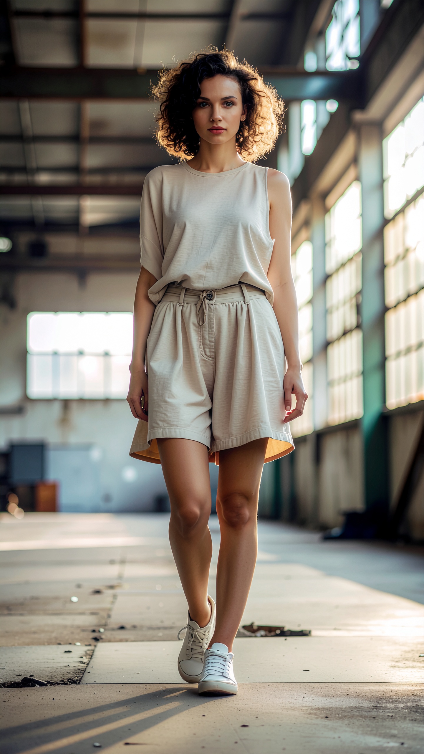 A woman in a stylish beige outfit walks confidently in an industrial setting
