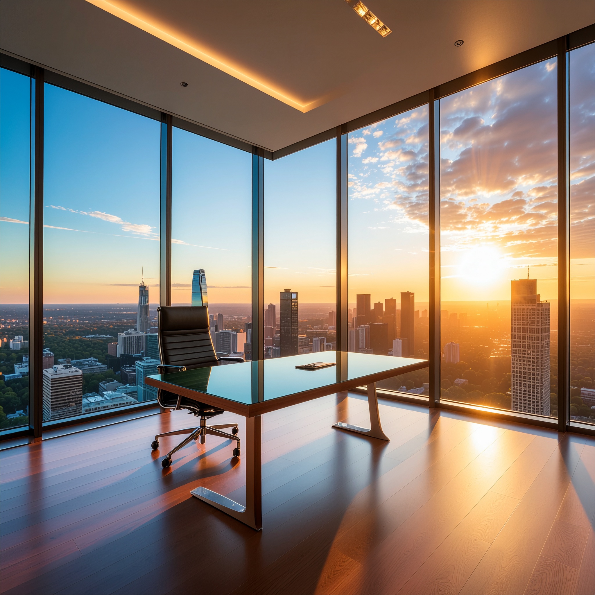 Um escritório moderno em um arranha-céu com janelas de vidro do chão ao teto, oferecendo uma vista panorâmica de uma cidade ao pôr do sol. A sala está iluminada por luz natural, criando sombras suaves no piso de madeira elegante. Uma cadeira executiva e uma mesa de vidro compõem o mobiliário minimalista, conferindo um estilo sofisticado e contemporâneo ao espaço.