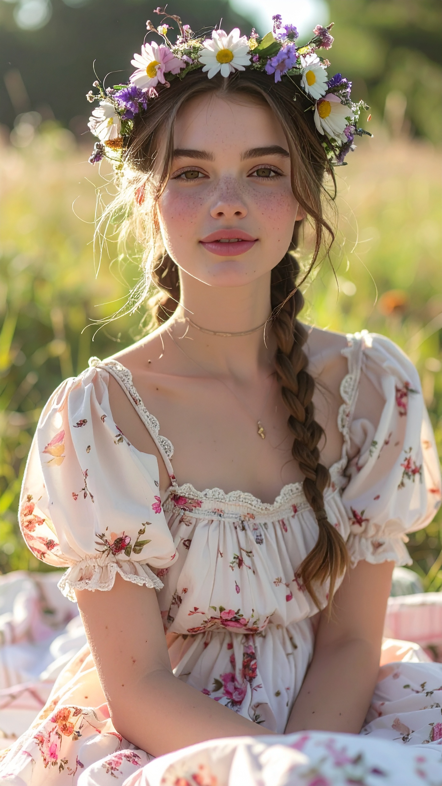 Jovem com vestido floral e coroa de flores em um campo ensolarado. O visual campestre transmite uma sensação de leveza e conexão com a natureza. Detalhes como a trança no cabelo e o vestido de manga bufante adicionam um toque romântico. Perfeito para eventos ao ar livre ou sessões fotográficas temáticas. A combinação de flores e cenário natural destaca a beleza e simplicidade do estilo boho.