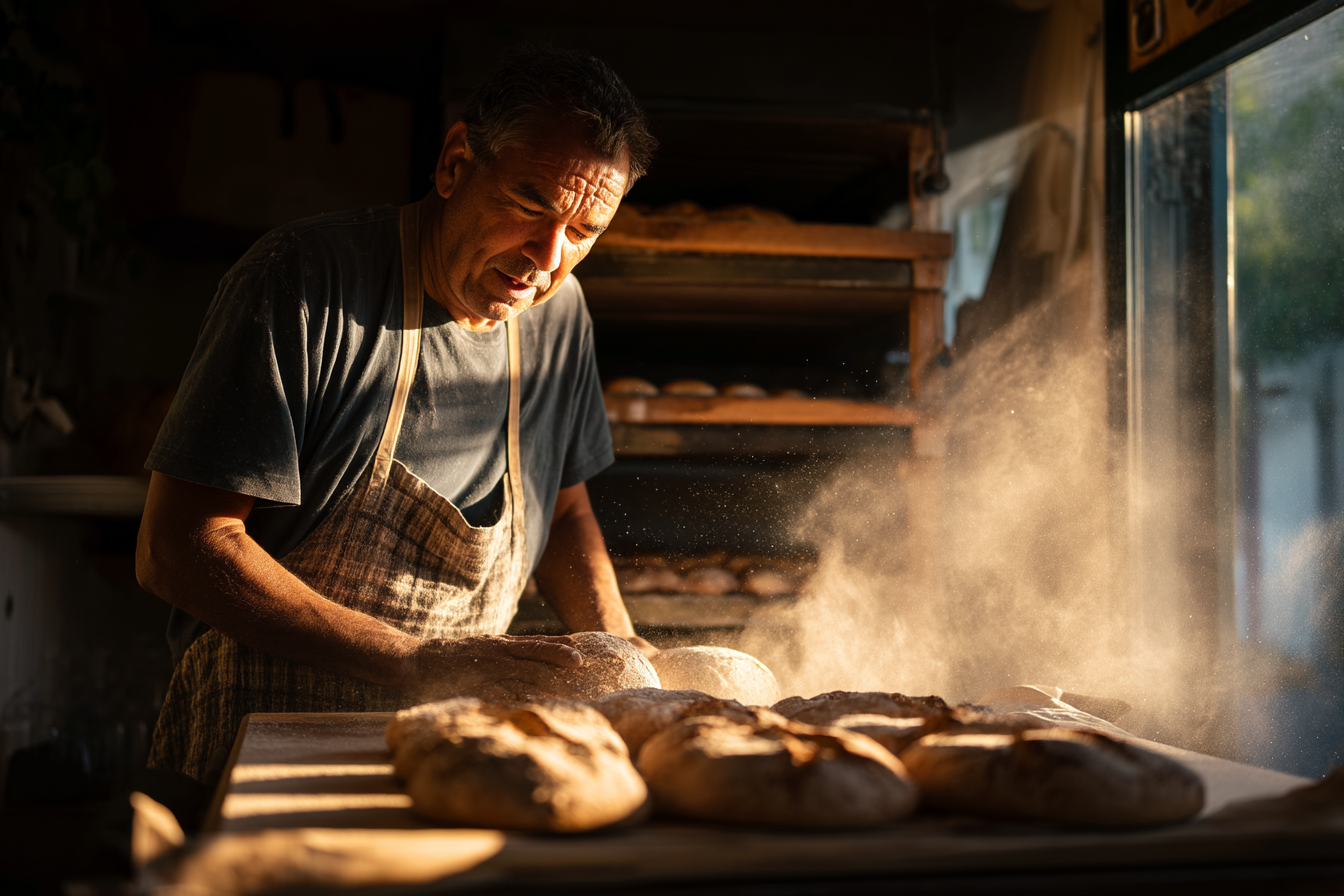 Um padeiro experiente trabalha com massa de pão em uma padaria rústica, cercado por pães recém-assados. A luz do sol ilumina o ambiente, criando uma atmosfera acolhedora e convidativa, enquanto a farinha se espalha pelo ar, evidenciando o processo artesanal de panificação.