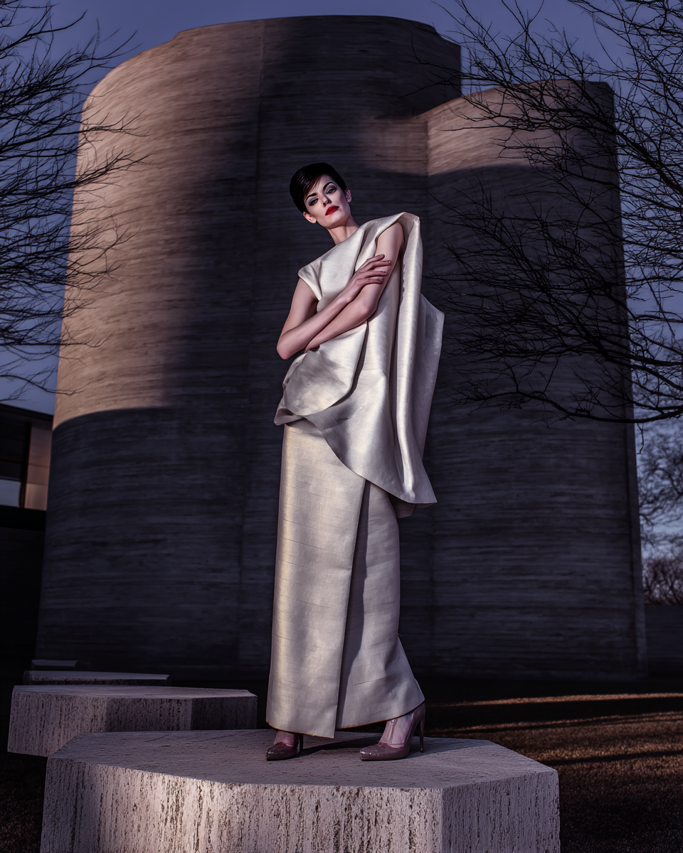 Mulher em vestido prateado posando em uma plataforma de concreto com fundo arquitetônico de formas cilíndricas, iluminação suave e sombras dramáticas, criando uma atmosfera elegante e moderna.