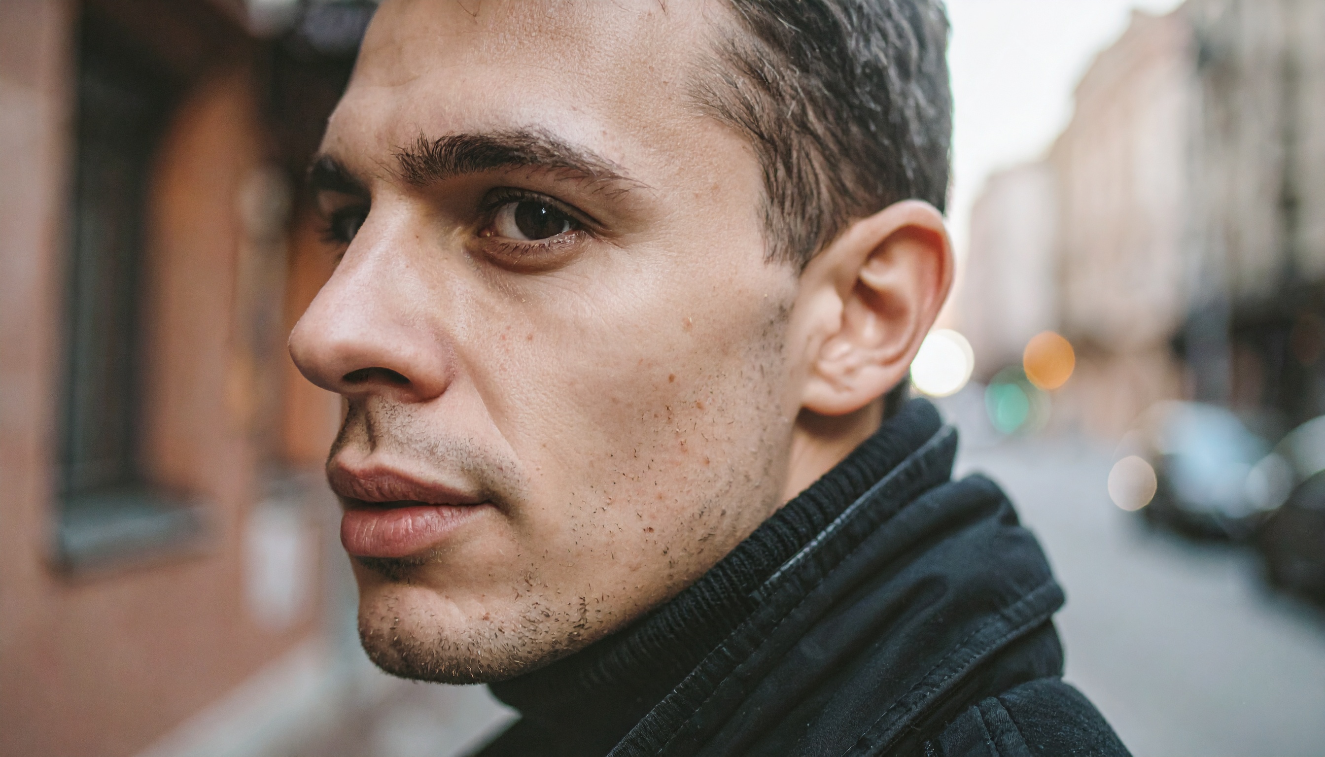 Close-up of a man on a city street with a pensive expression
