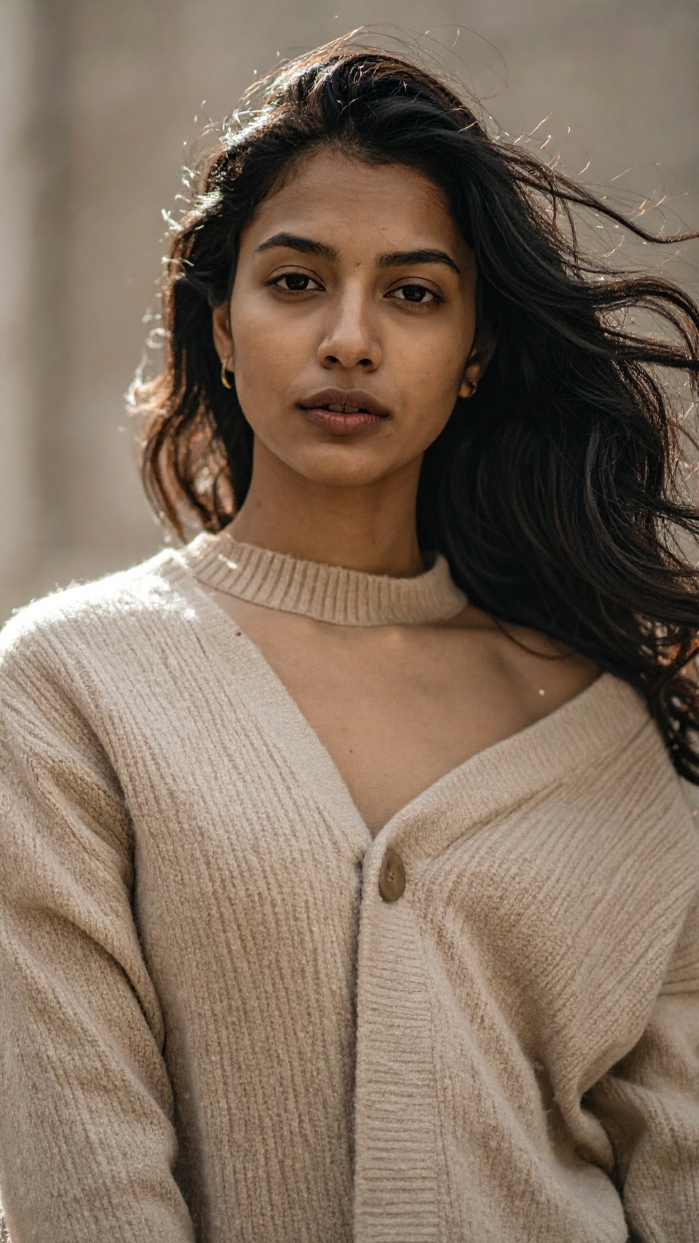 A woman wearing a light beige knitted cardigan stands against a neutral background