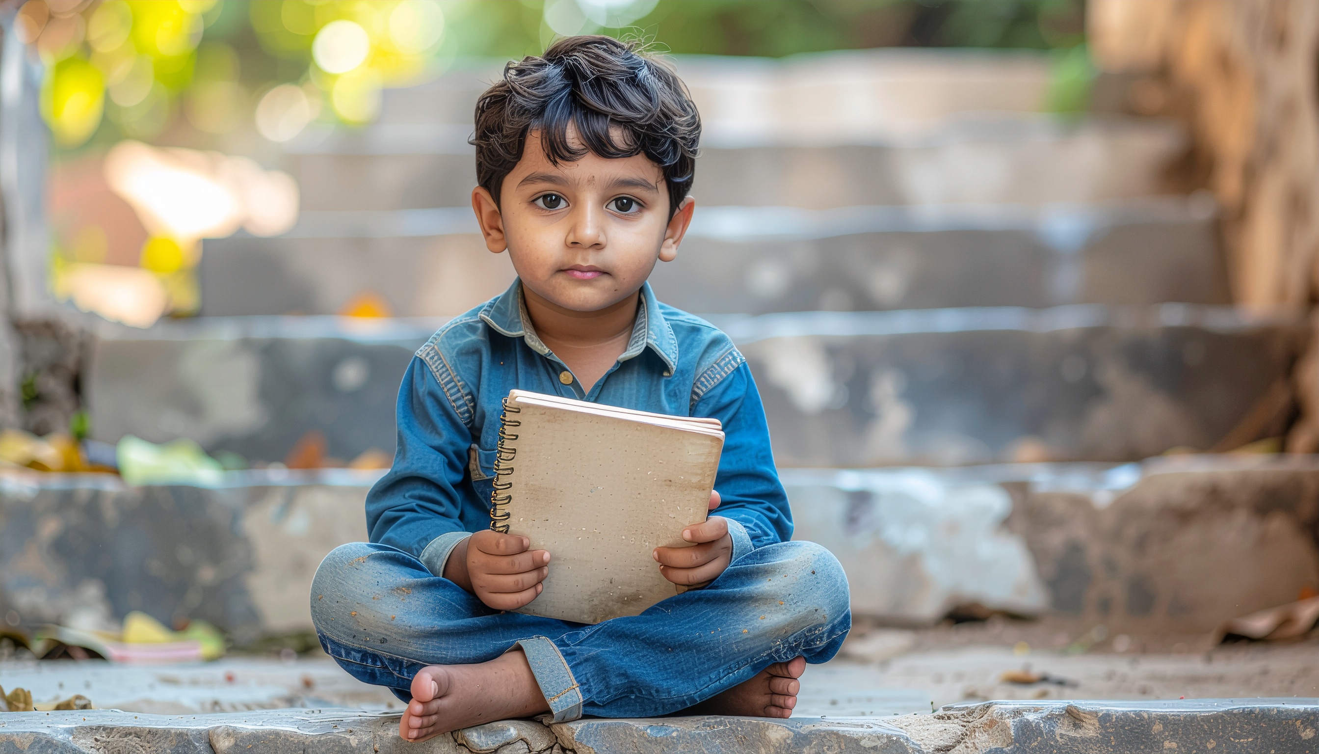 A young boy sits on outdoor stone steps holding a spiral notebook