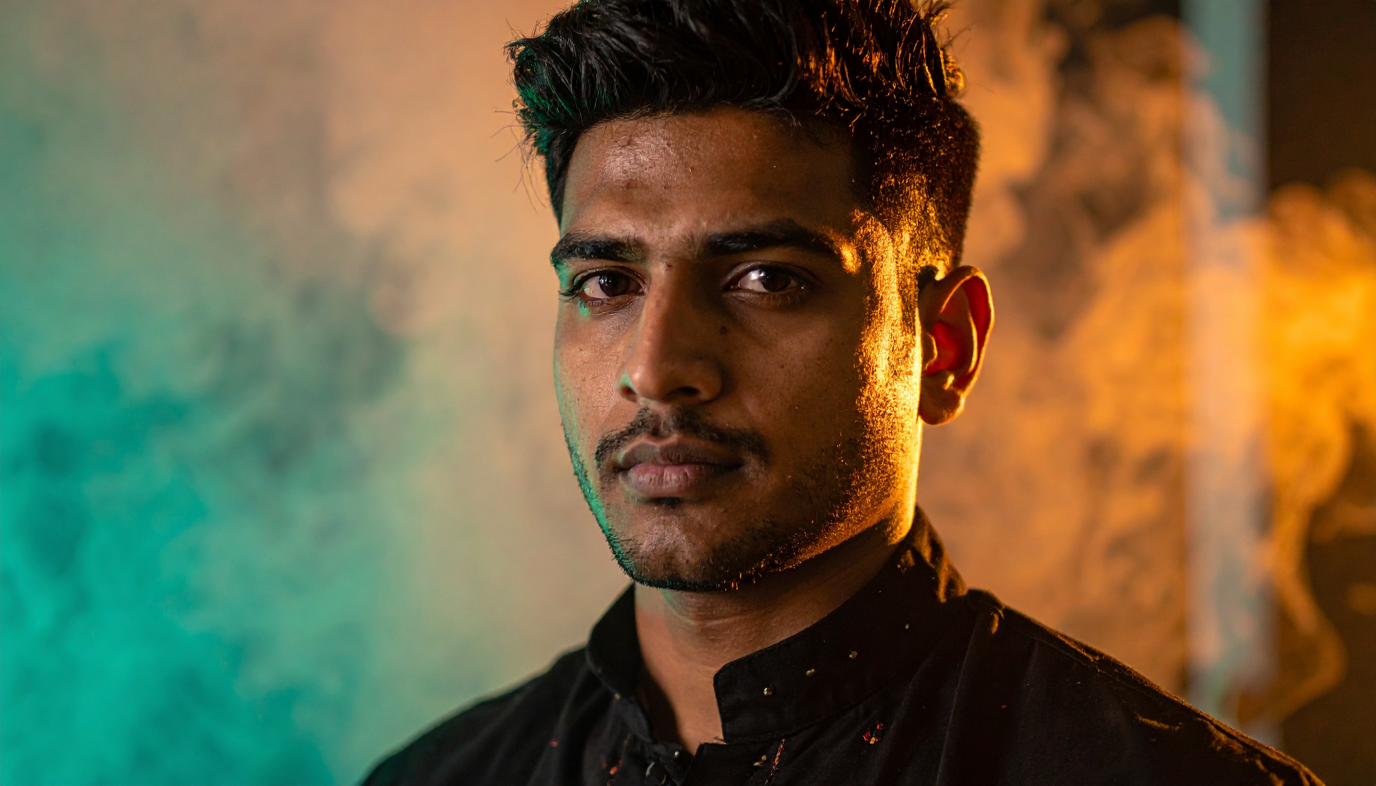 A confident man stands against a smoky, colorful backdrop